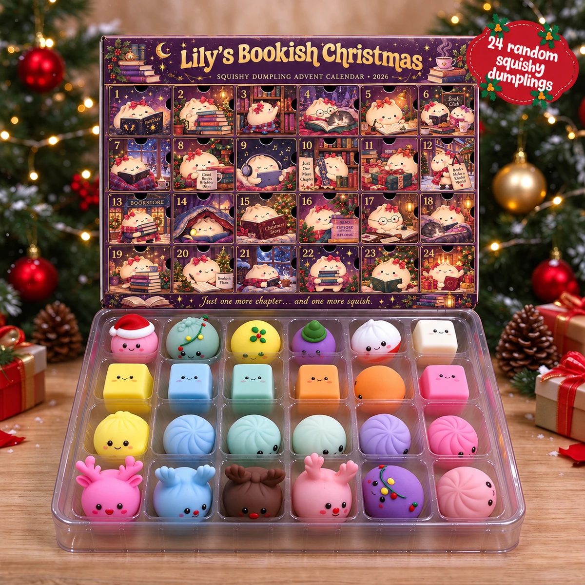 Custom Name Bookish Dumpling Advent Calendar, Squishy Christmas Countdown, 24 Day Kawaii Reader Calendar, Book Lover Holiday Gift