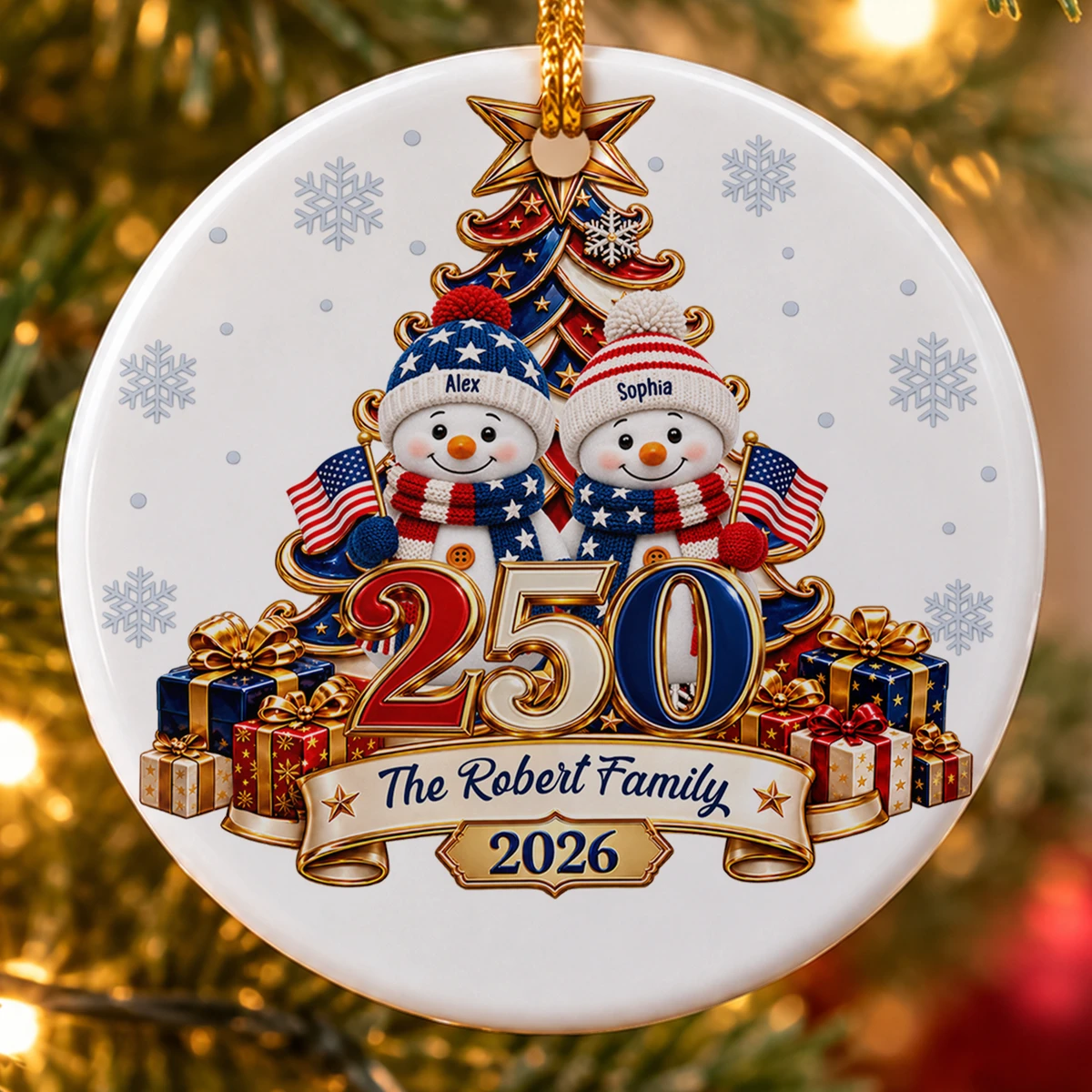 Snowman 250 Years Of Freedom America Anniversary - Personalized Circle Glass Ornament