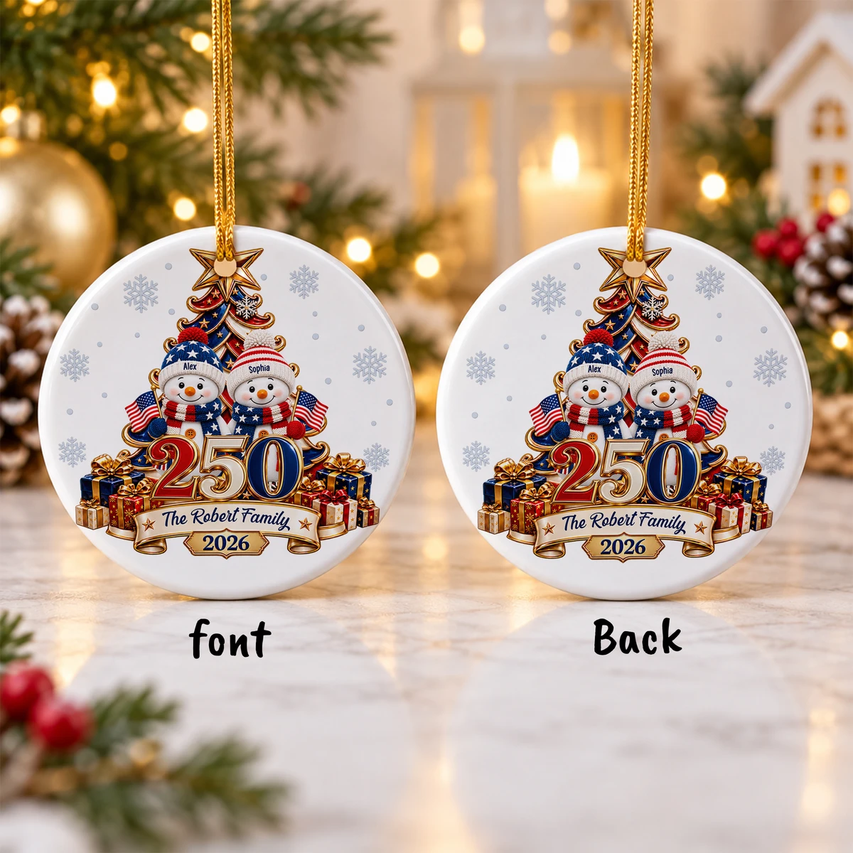 Snowman 250 Years Of Freedom America Anniversary - Personalized Circle Glass Ornament