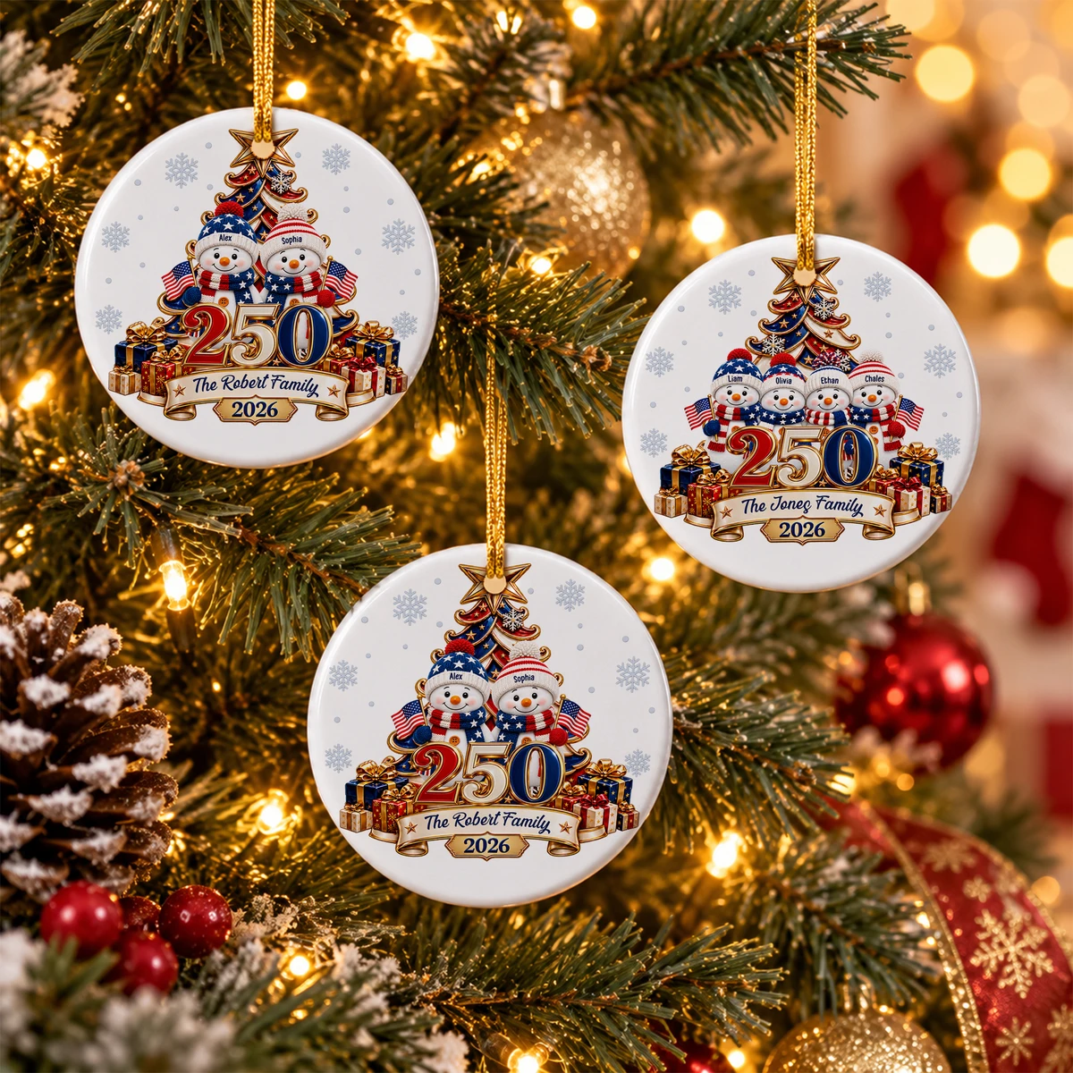 Snowman 250 Years Of Freedom America Anniversary - Personalized Circle Glass Ornament