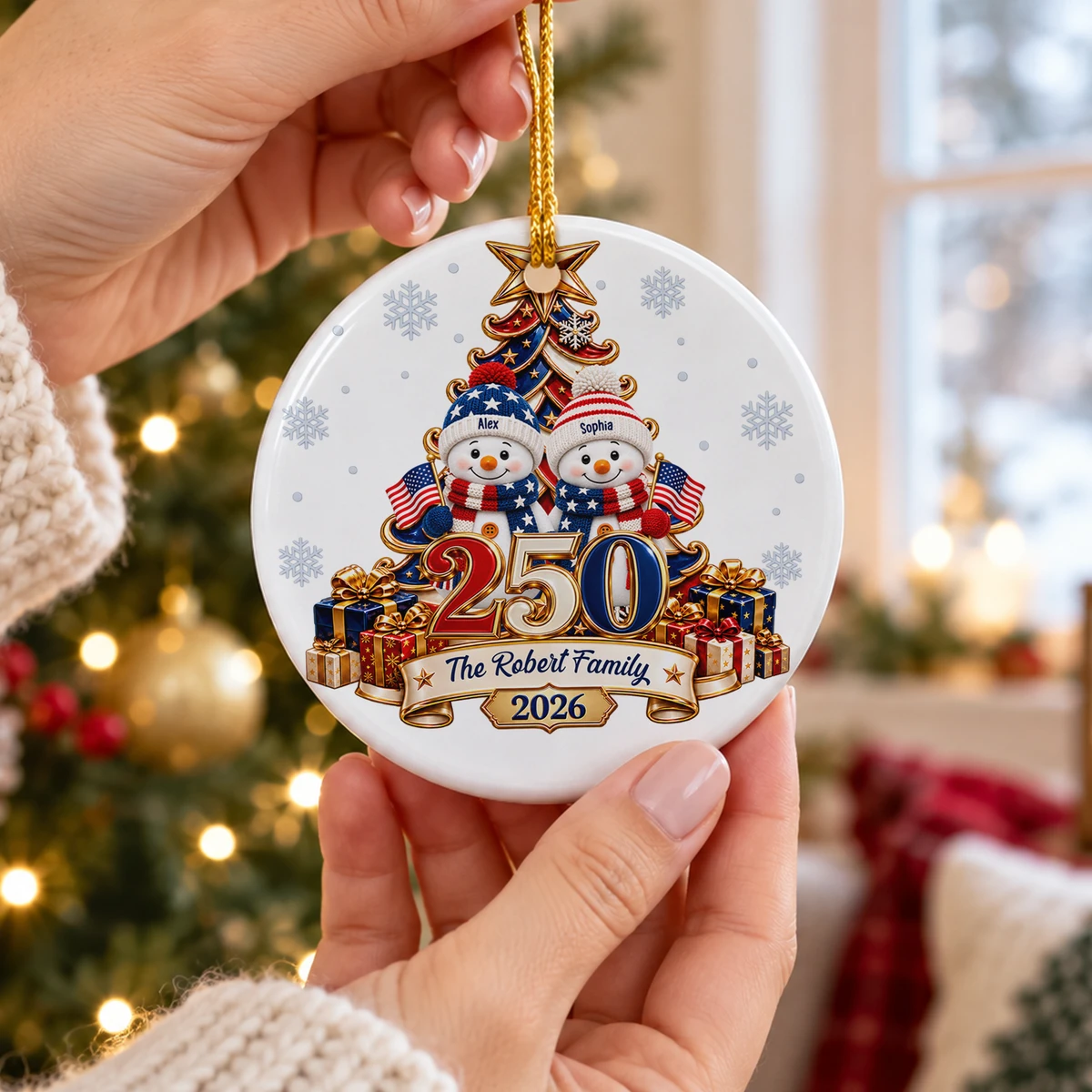 Snowman 250 Years Of Freedom America Anniversary - Personalized Circle Glass Ornament