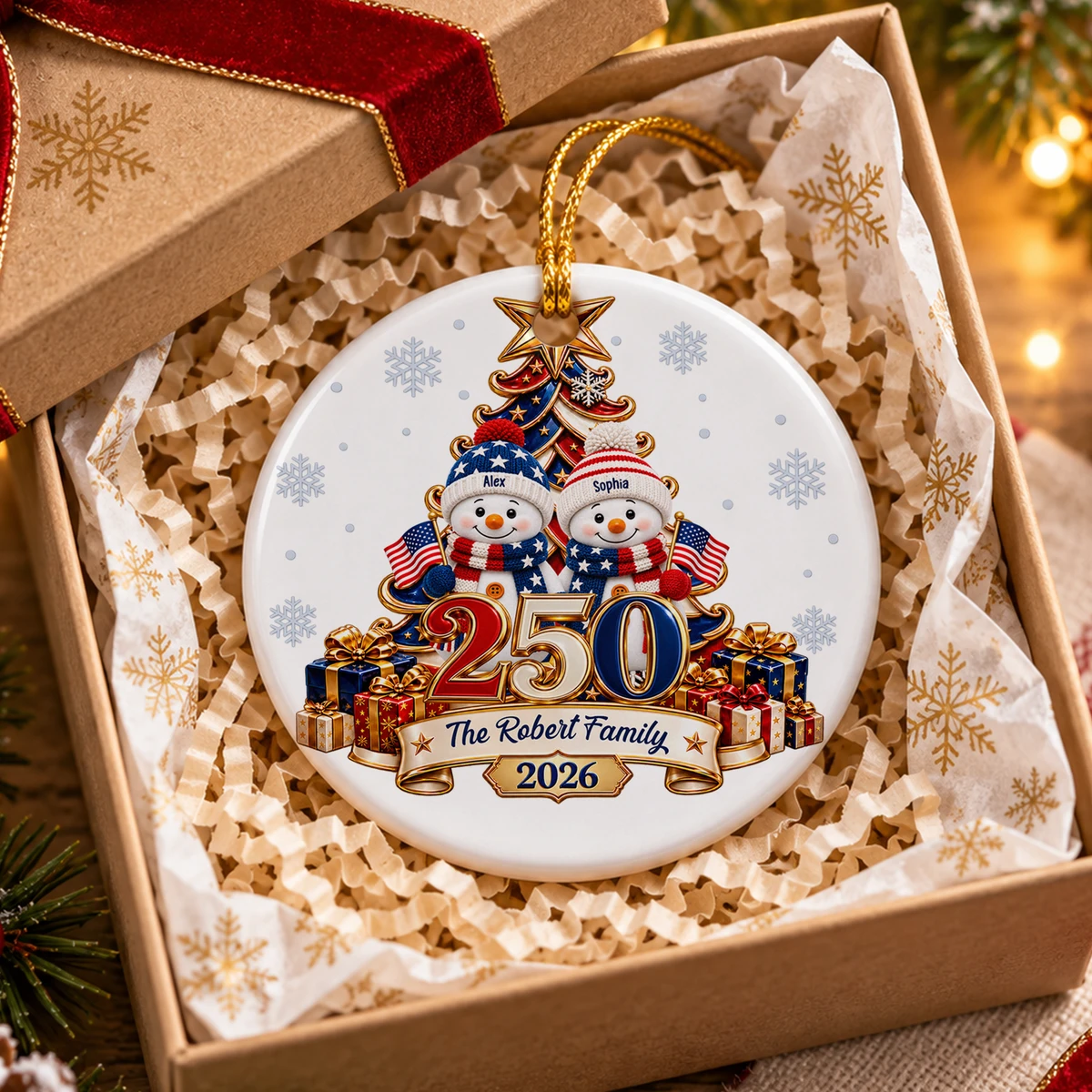 Snowman 250 Years Of Freedom America Anniversary - Personalized Circle Glass Ornament
