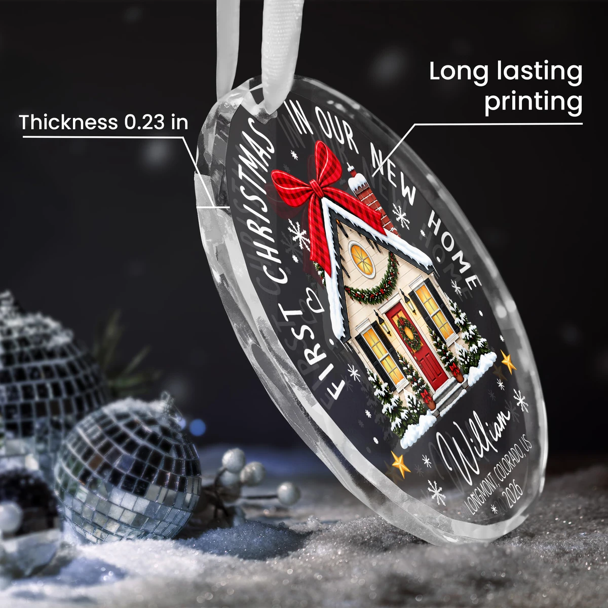 Personalized First Christmas in Our New Home Glass Ornament – Custom Name, Location & Year Christmas Tree Decoration, New Homeowner Housewarming Gift