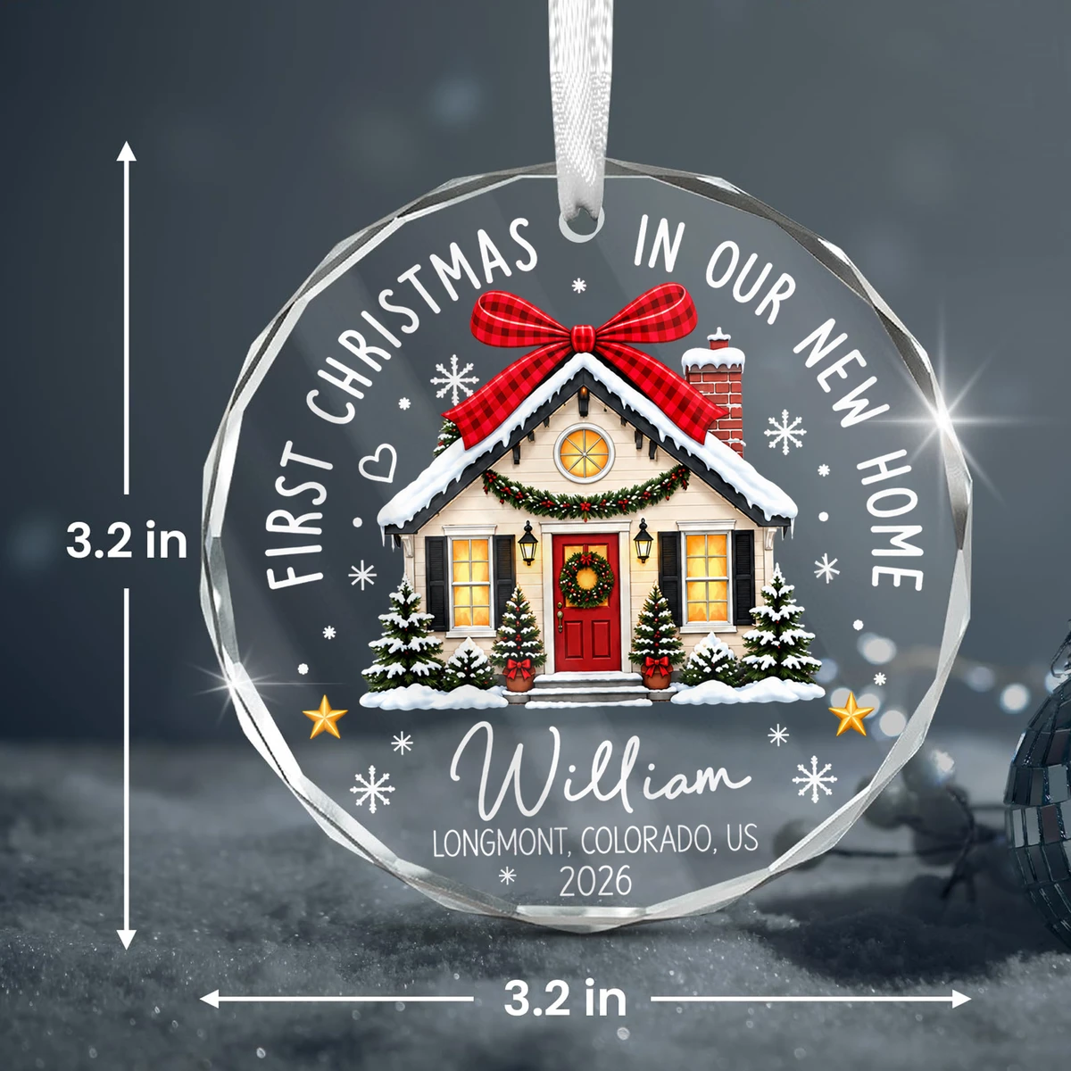 Personalized First Christmas in Our New Home Glass Ornament – Custom Name, Location & Year Christmas Tree Decoration, New Homeowner Housewarming Gift