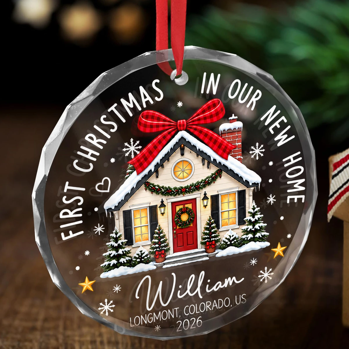 Personalized First Christmas in Our New Home Glass Ornament – Custom Name, Location & Year Christmas Tree Decoration, New Homeowner Housewarming Gift