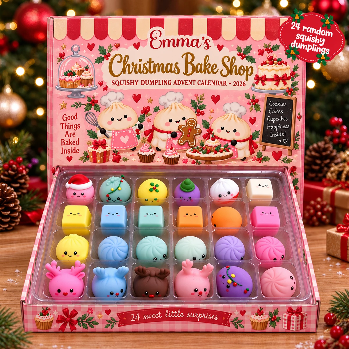 Personalized Dumpling Advent Calendar Custom Name – Christmas Baking Theme, 24 Days of Squishy Mystery Toys Holiday Countdown Gift