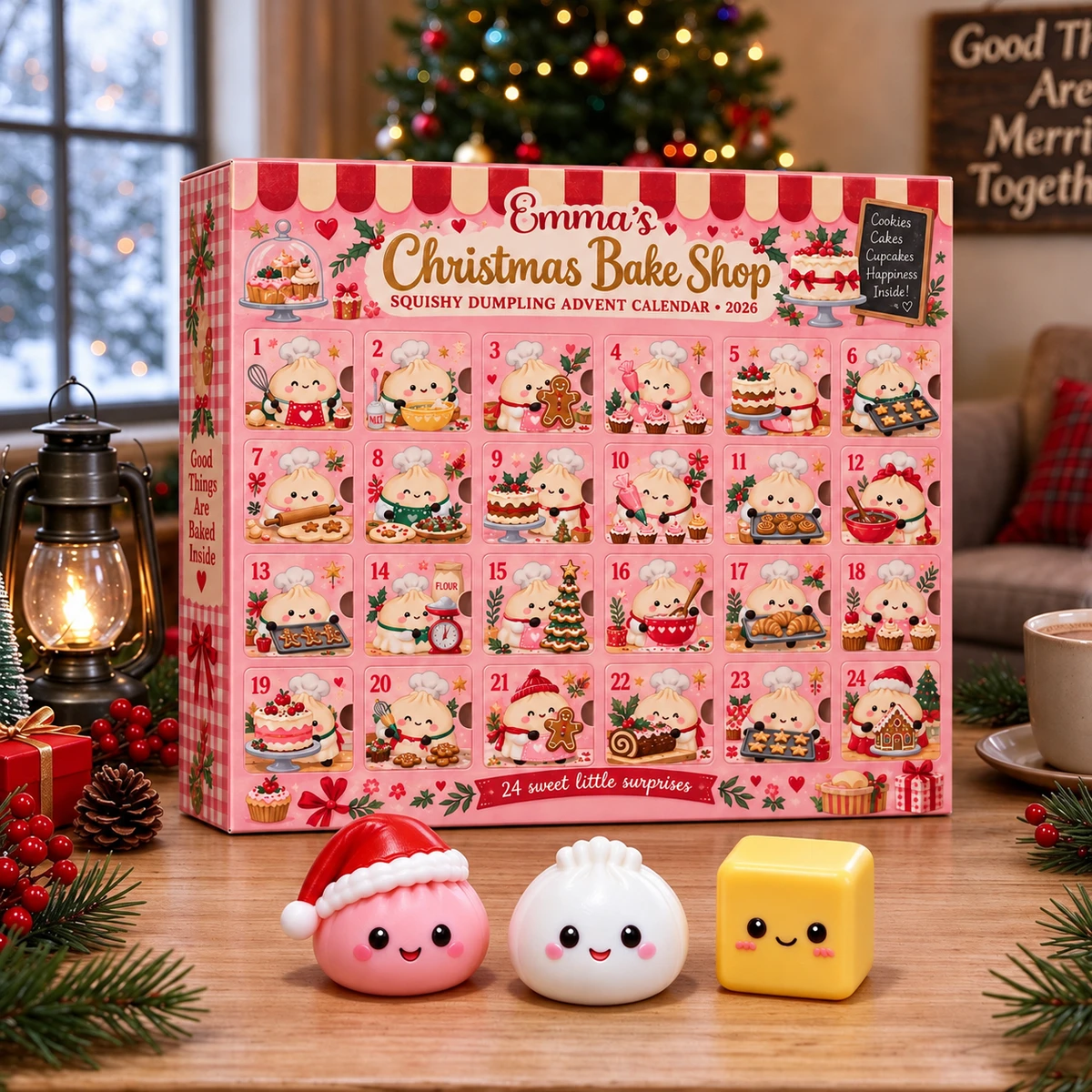 Personalized Dumpling Advent Calendar Custom Name – Christmas Baking Theme, 24 Days of Squishy Mystery Toys Holiday Countdown Gift