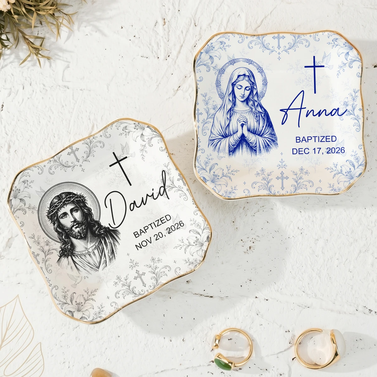 Personalized Baptism Ring Dish Custom Name & Date, Christian Keepsake Jewelry Tray, Cross Religious Trinket Dish, Meaningful Baptism Gift