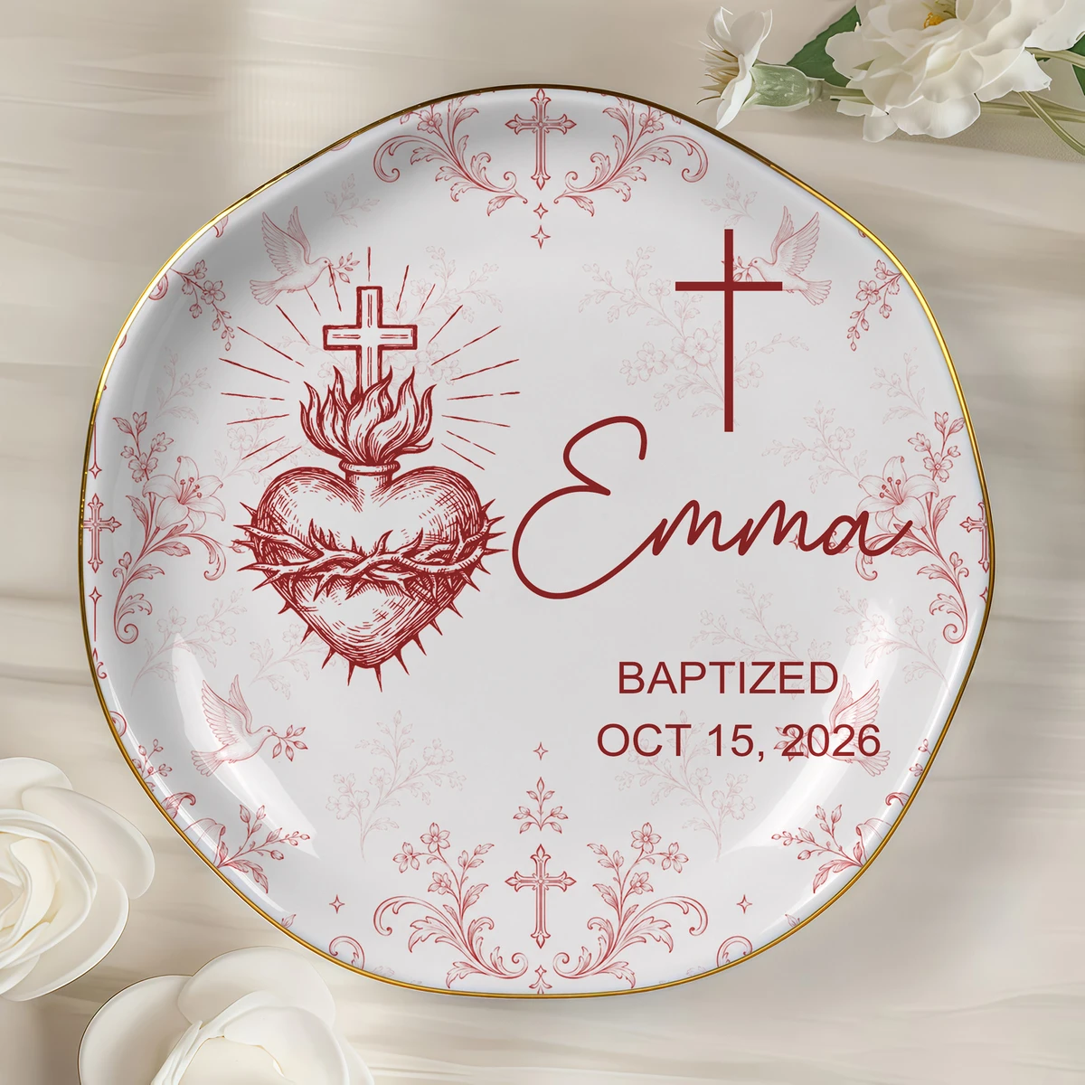 Personalized Baptism Ring Dish Custom Name & Date, Christian Keepsake Jewelry Tray, Cross Religious Trinket Dish, Meaningful Baptism Gift