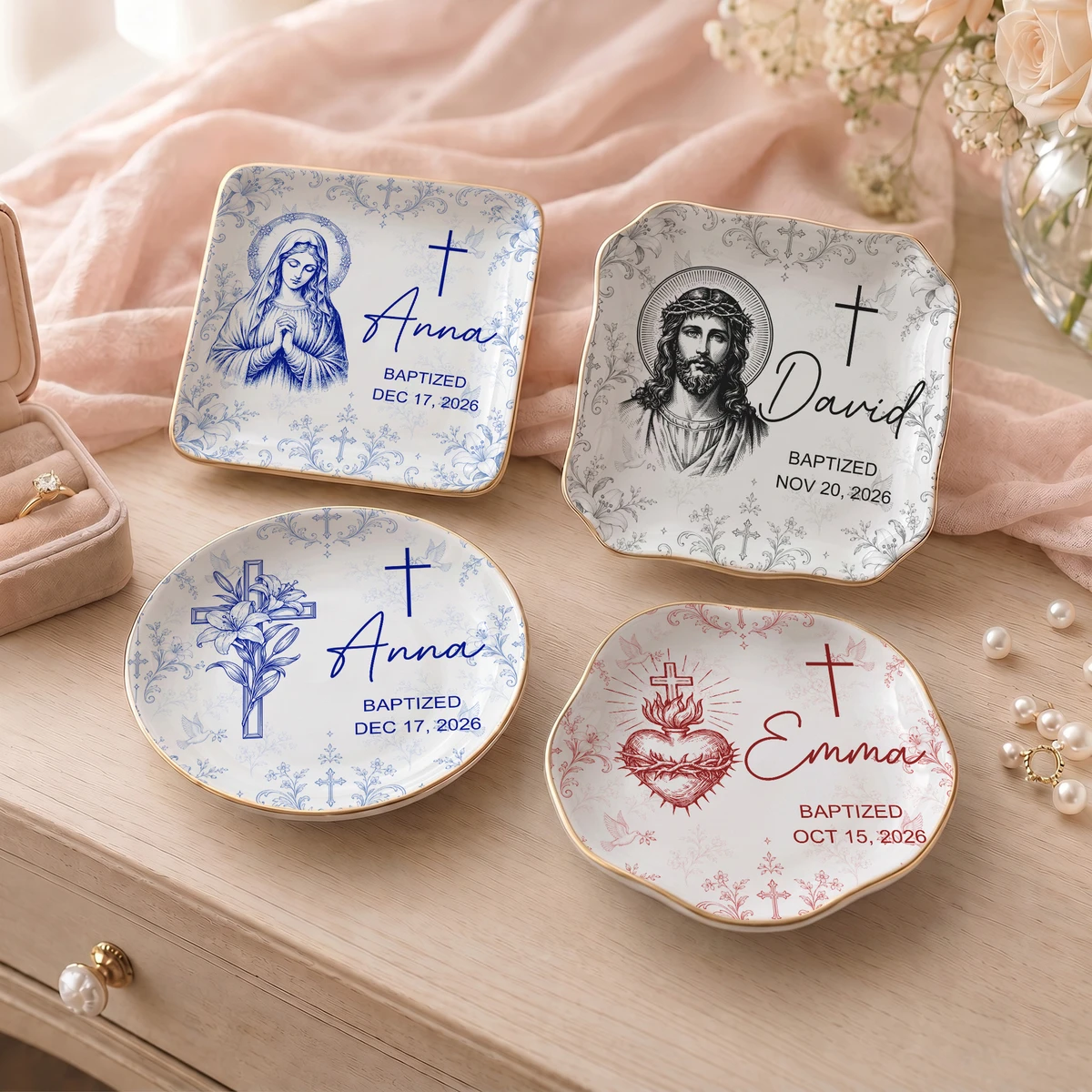 Personalized Baptism Ring Dish Custom Name & Date, Christian Keepsake Jewelry Tray, Cross Religious Trinket Dish, Meaningful Baptism Gift