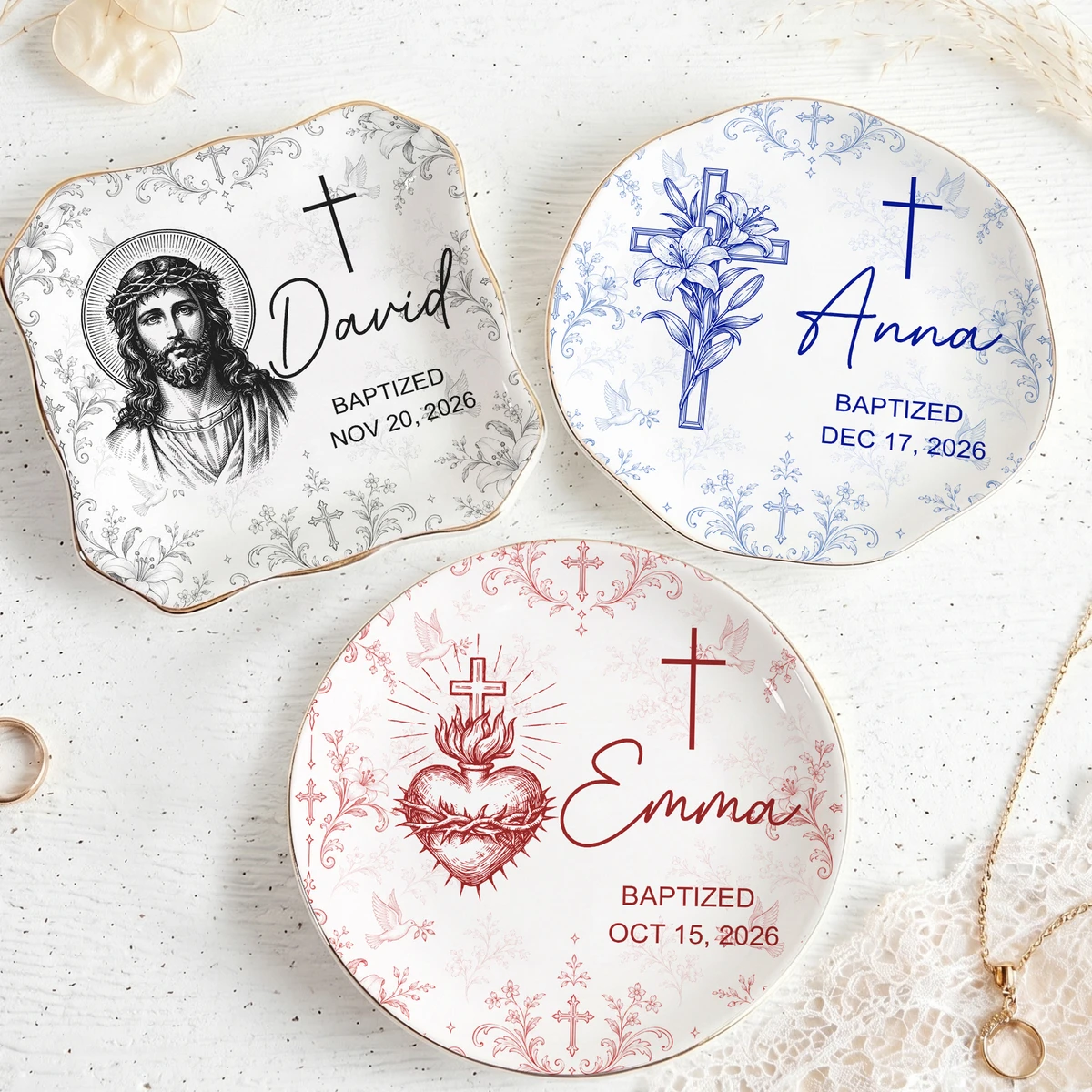 Personalized Baptism Ring Dish Custom Name & Date, Christian Keepsake Jewelry Tray, Cross Religious Trinket Dish, Meaningful Baptism Gift