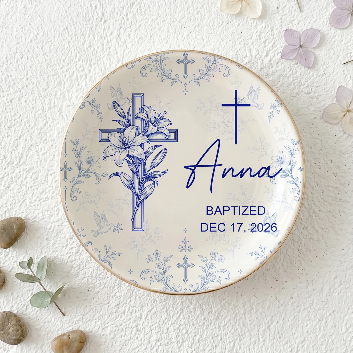 Personalized Baptism Ring Dish Custom Name & Date, Christian Keepsake Jewelry Tray, Cross Religious Trinket Dish, Meaningful Baptism Gift