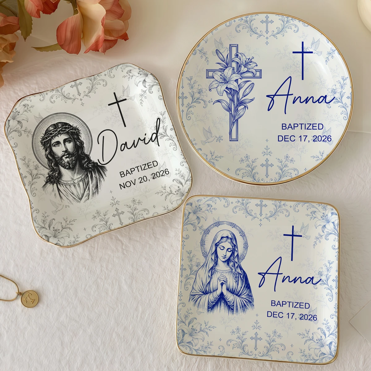 Personalized Baptism Ring Dish Custom Name & Date, Christian Keepsake Jewelry Tray, Cross Religious Trinket Dish, Meaningful Baptism Gift