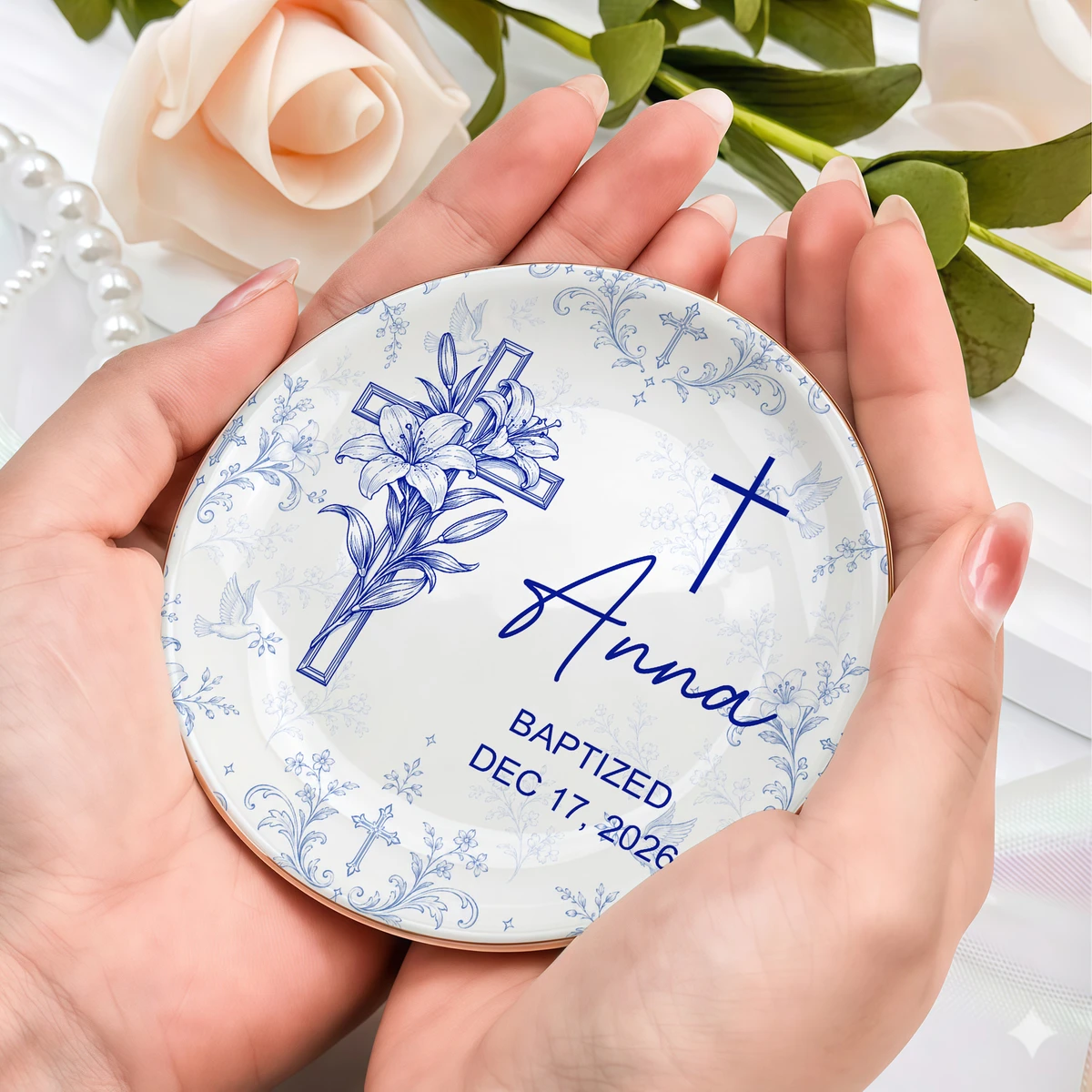 Personalized Baptism Ring Dish Custom Name & Date, Christian Keepsake Jewelry Tray, Cross Religious Trinket Dish, Meaningful Baptism Gift