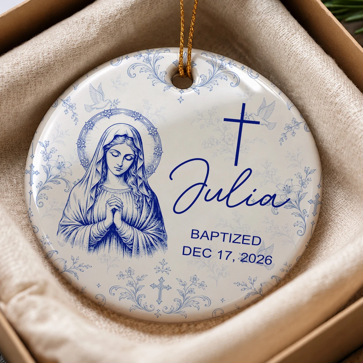 Custom Name & Date Baptism Glass Ornament, Personalized Christian Christmas Tree Decor, Jesus Mary Sacred Heart Keepsake, Religious Gift