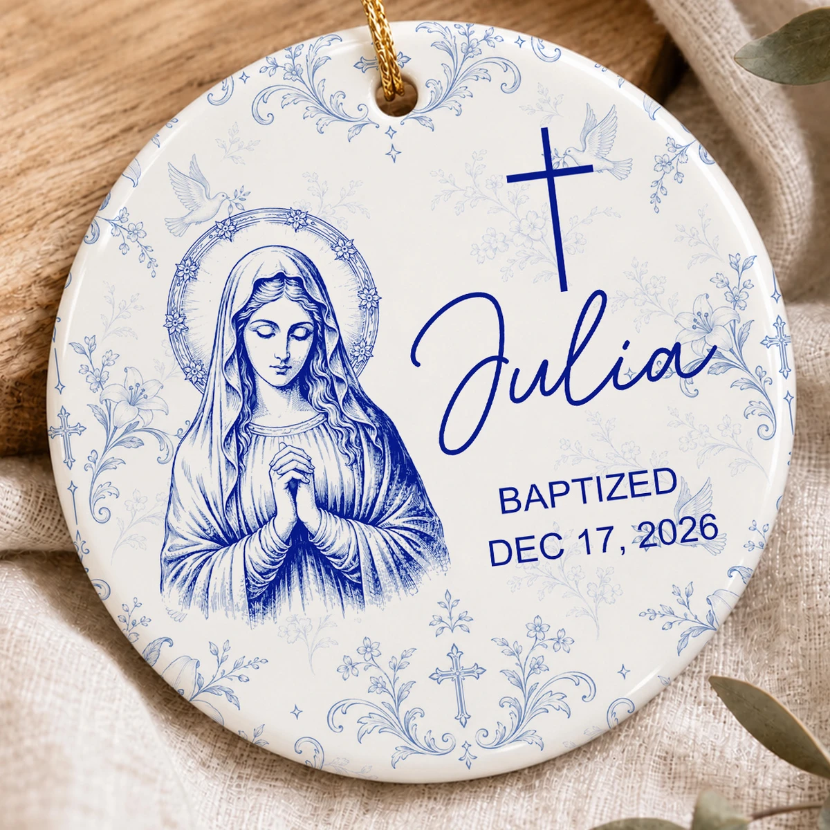Custom Name & Date Baptism Glass Ornament, Personalized Christian Christmas Tree Decor, Jesus Mary Sacred Heart Keepsake, Religious Gift