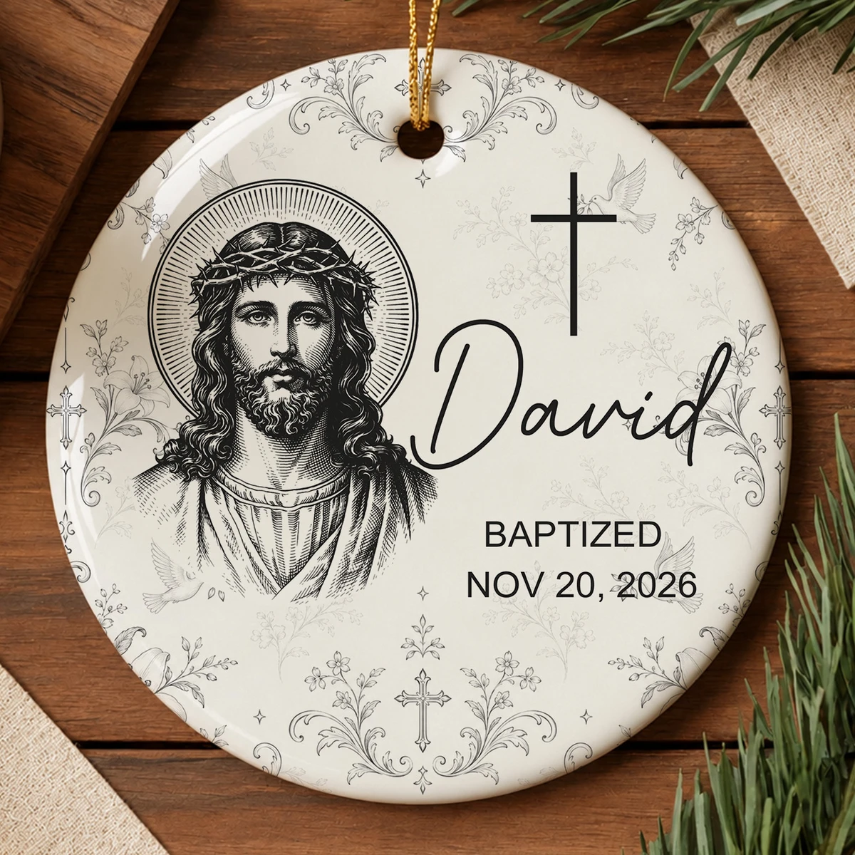 Custom Name & Date Baptism Glass Ornament, Personalized Christian Christmas Tree Decor, Jesus Mary Sacred Heart Keepsake, Religious Gift