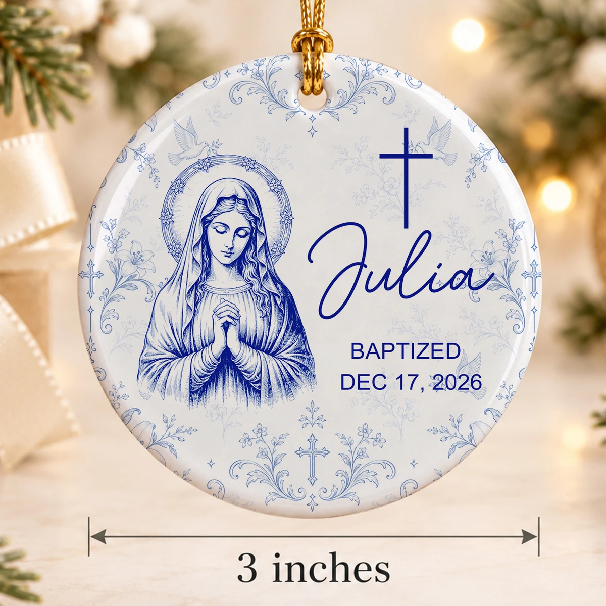 Custom Name & Date Baptism Glass Ornament, Personalized Christian Christmas Tree Decor, Jesus Mary Sacred Heart Keepsake, Religious Gift