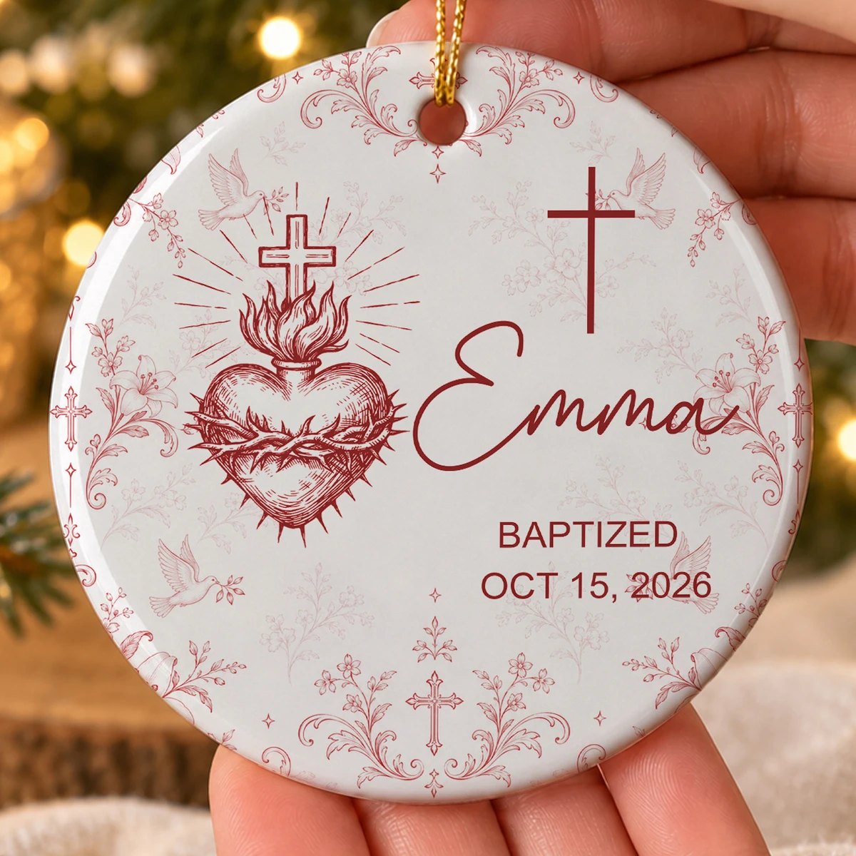 Custom Name & Date Baptism Glass Ornament, Personalized Christian Christmas Tree Decor, Jesus Mary Sacred Heart Keepsake, Religious Gift
