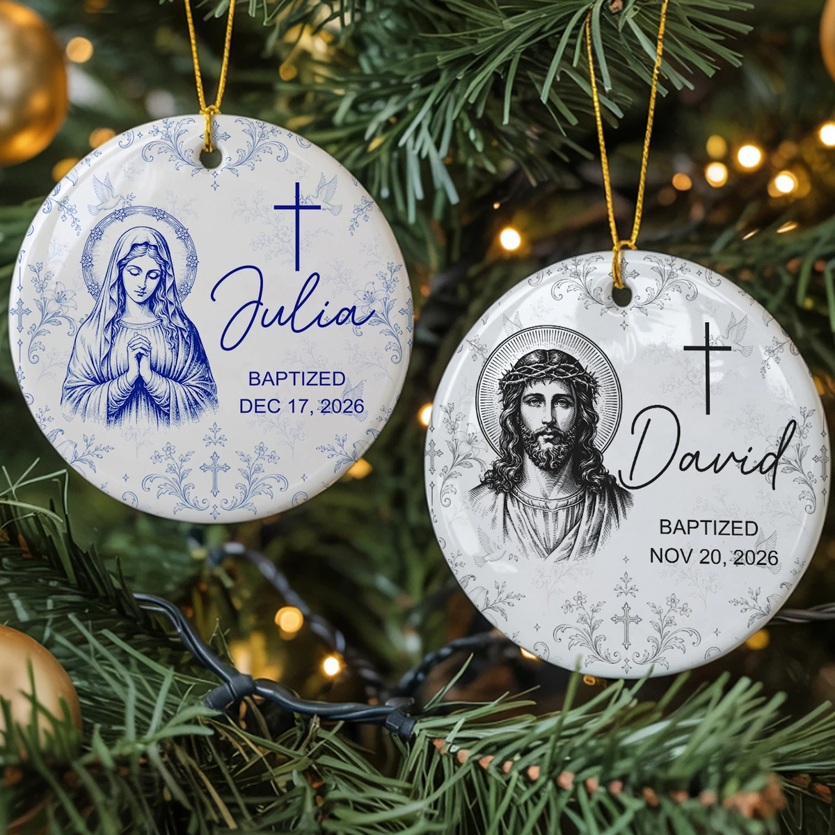 Custom Name & Date Baptism Glass Ornament, Personalized Christian Christmas Tree Decor, Jesus Mary Sacred Heart Keepsake, Religious Gift