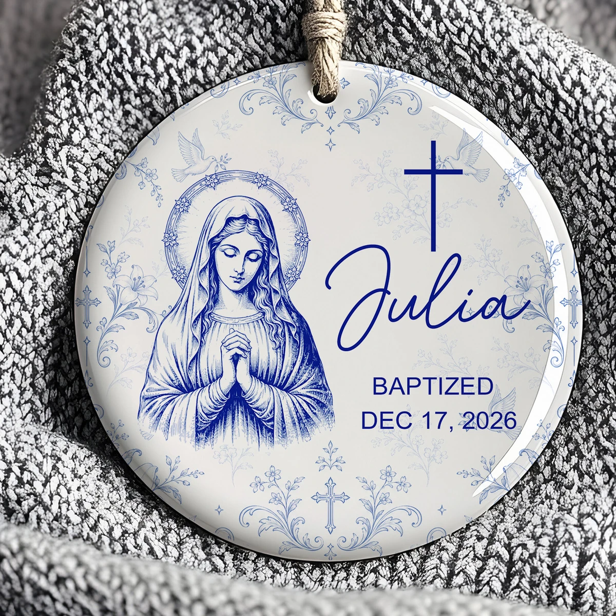 Custom Name & Date Baptism Glass Ornament, Personalized Christian Christmas Tree Decor, Jesus Mary Sacred Heart Keepsake, Religious Gift