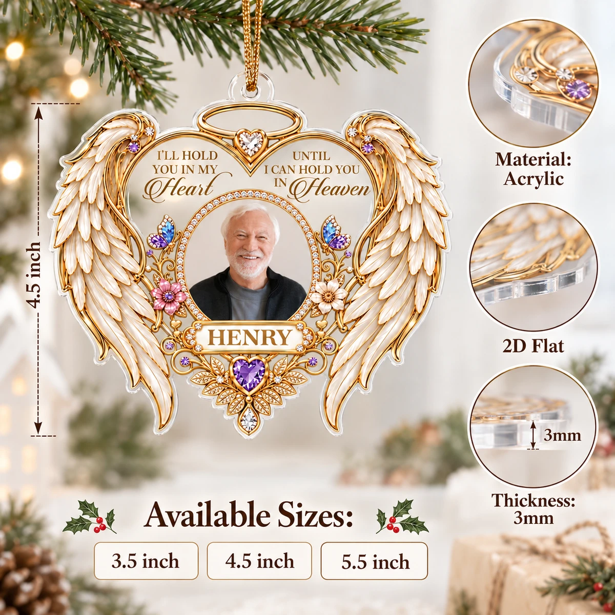 Personalized Angel Wings Memorial Photo Ornament – Custom Name & Picture Heart-Shaped Christmas Ornament, I'll Hold You in My Heart Until Heaven, Sympathy Gift for Loss of Loved One