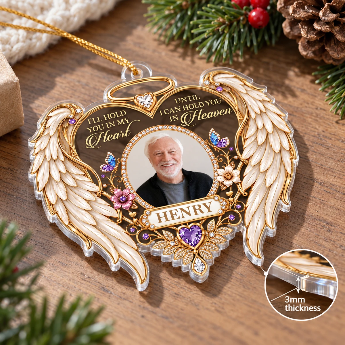 Personalized Angel Wings Memorial Photo Ornament – Custom Name & Picture Heart-Shaped Christmas Ornament, I'll Hold You in My Heart Until Heaven, Sympathy Gift for Loss of Loved One