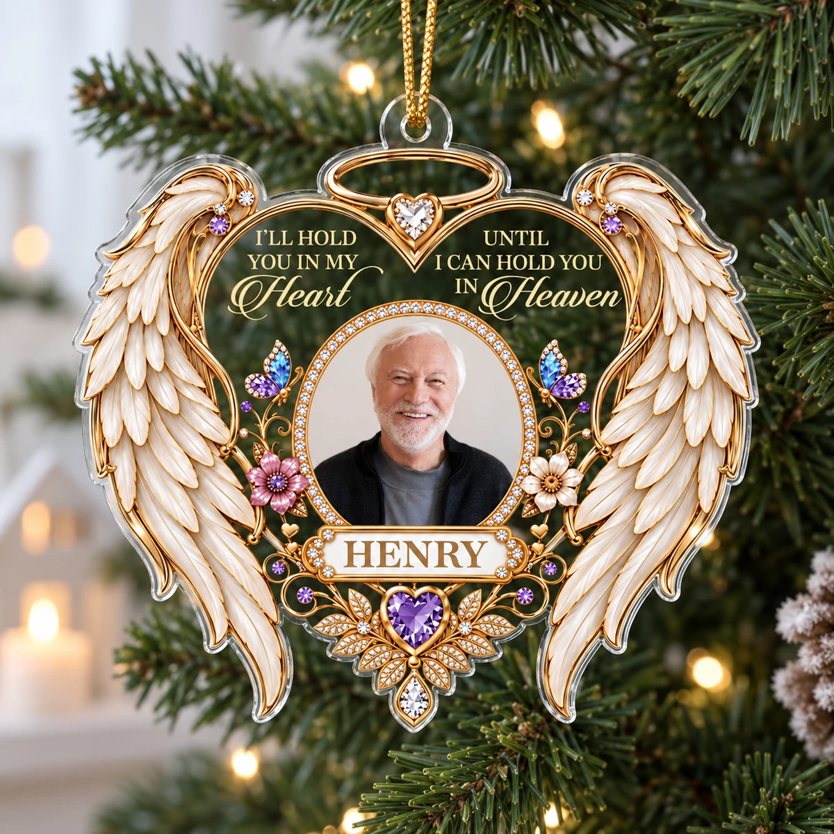 Personalized Angel Wings Memorial Photo Ornament – Custom Name & Picture Heart-Shaped Christmas Ornament, I'll Hold You in My Heart Until Heaven, Sympathy Gift for Loss of Loved One