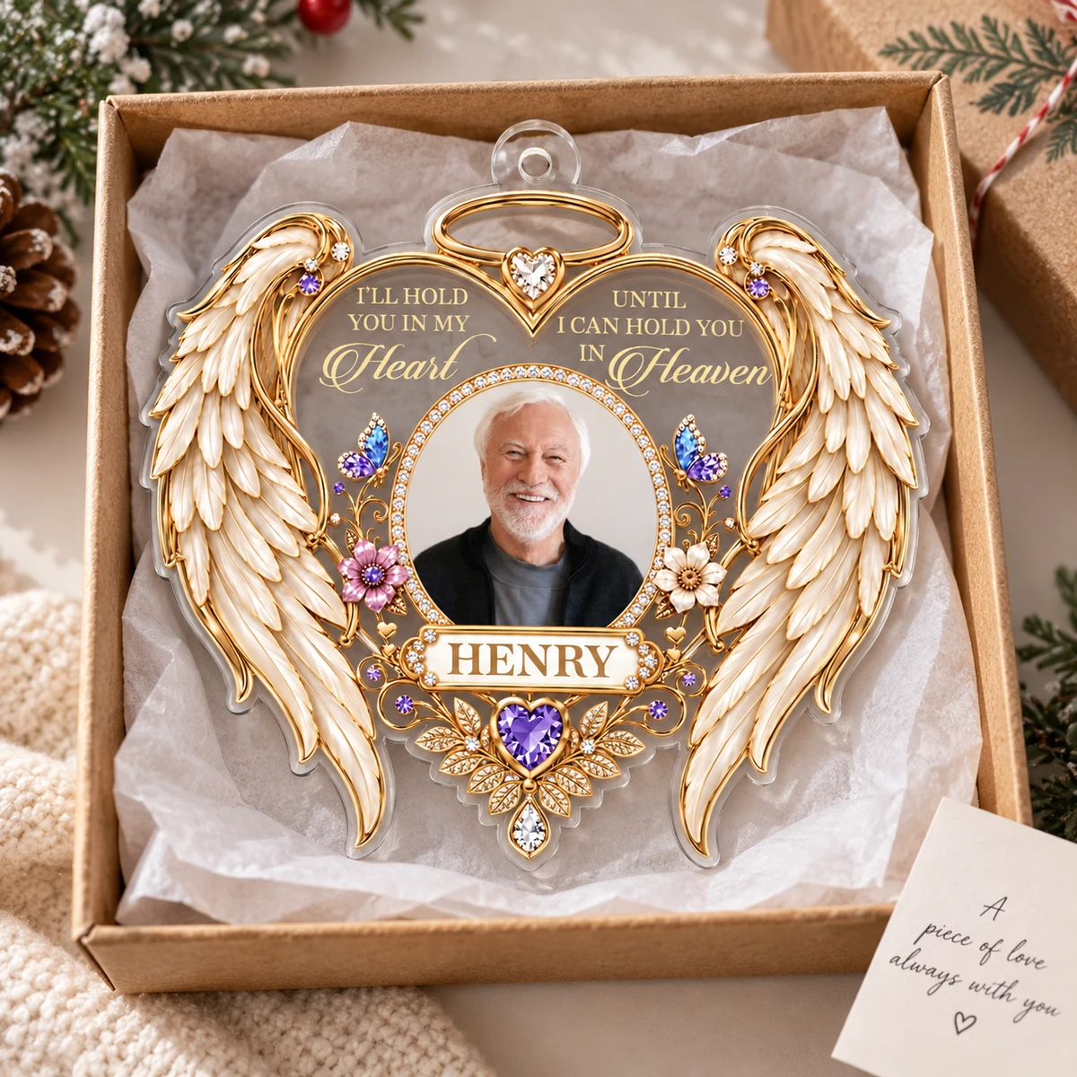 Personalized Angel Wings Memorial Photo Ornament – Custom Name & Picture Heart-Shaped Christmas Ornament, I'll Hold You in My Heart Until Heaven, Sympathy Gift for Loss of Loved One