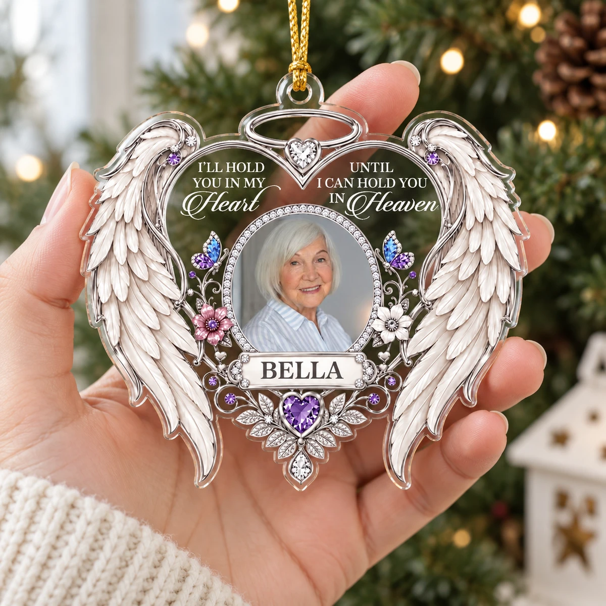 Personalized Angel Wings Memorial Photo Ornament – Custom Name & Picture Heart-Shaped Christmas Ornament, I'll Hold You in My Heart Until Heaven, Sympathy Gift for Loss of Loved One