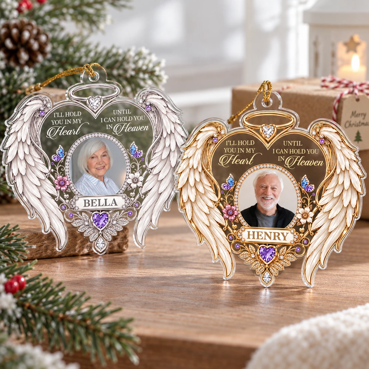 Personalized Angel Wings Memorial Photo Ornament – Custom Name & Picture Heart-Shaped Christmas Ornament, I'll Hold You in My Heart Until Heaven, Sympathy Gift for Loss of Loved One