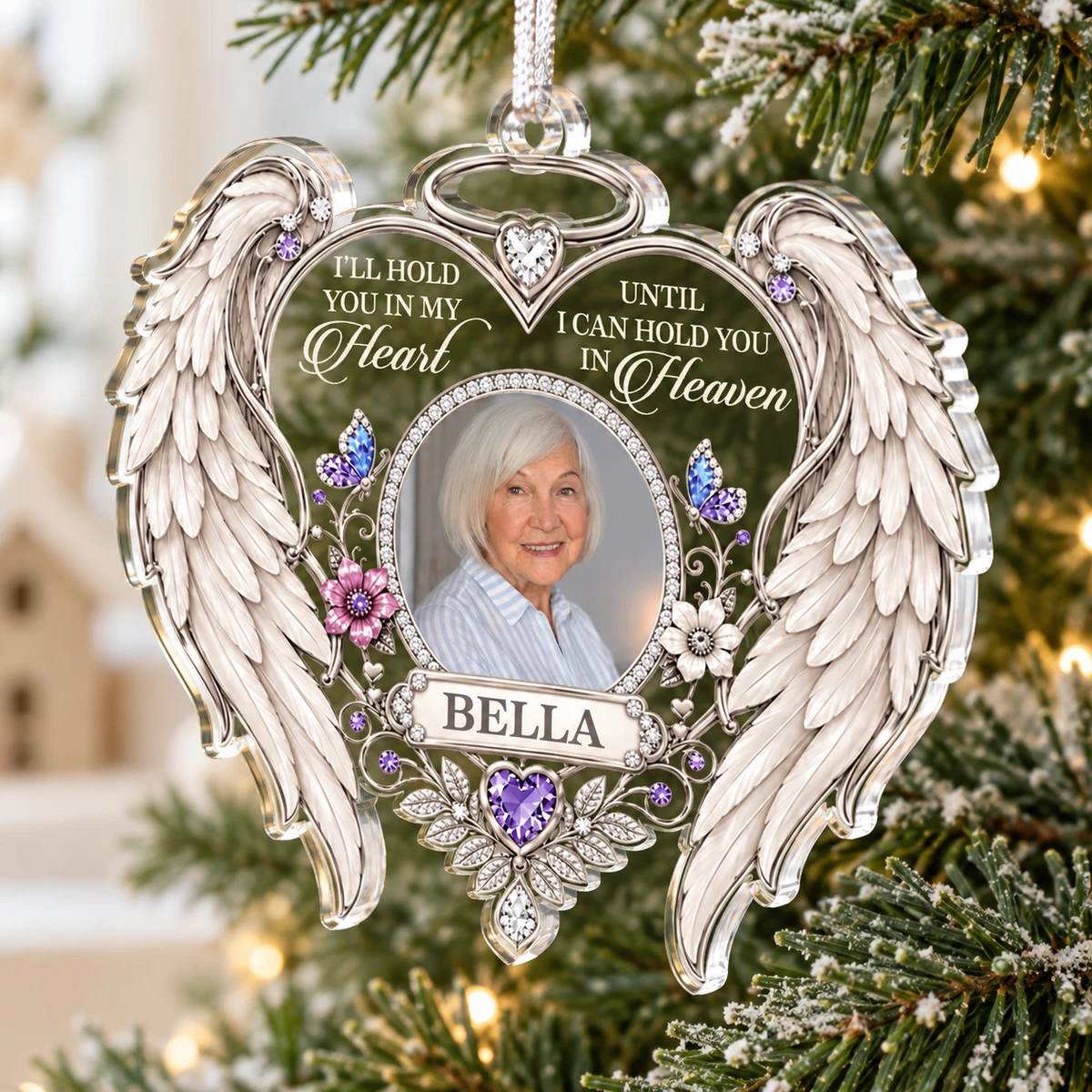 Personalized Angel Wings Memorial Photo Ornament – Custom Name & Picture Heart-Shaped Christmas Ornament, I'll Hold You in My Heart Until Heaven, Sympathy Gift for Loss of Loved One