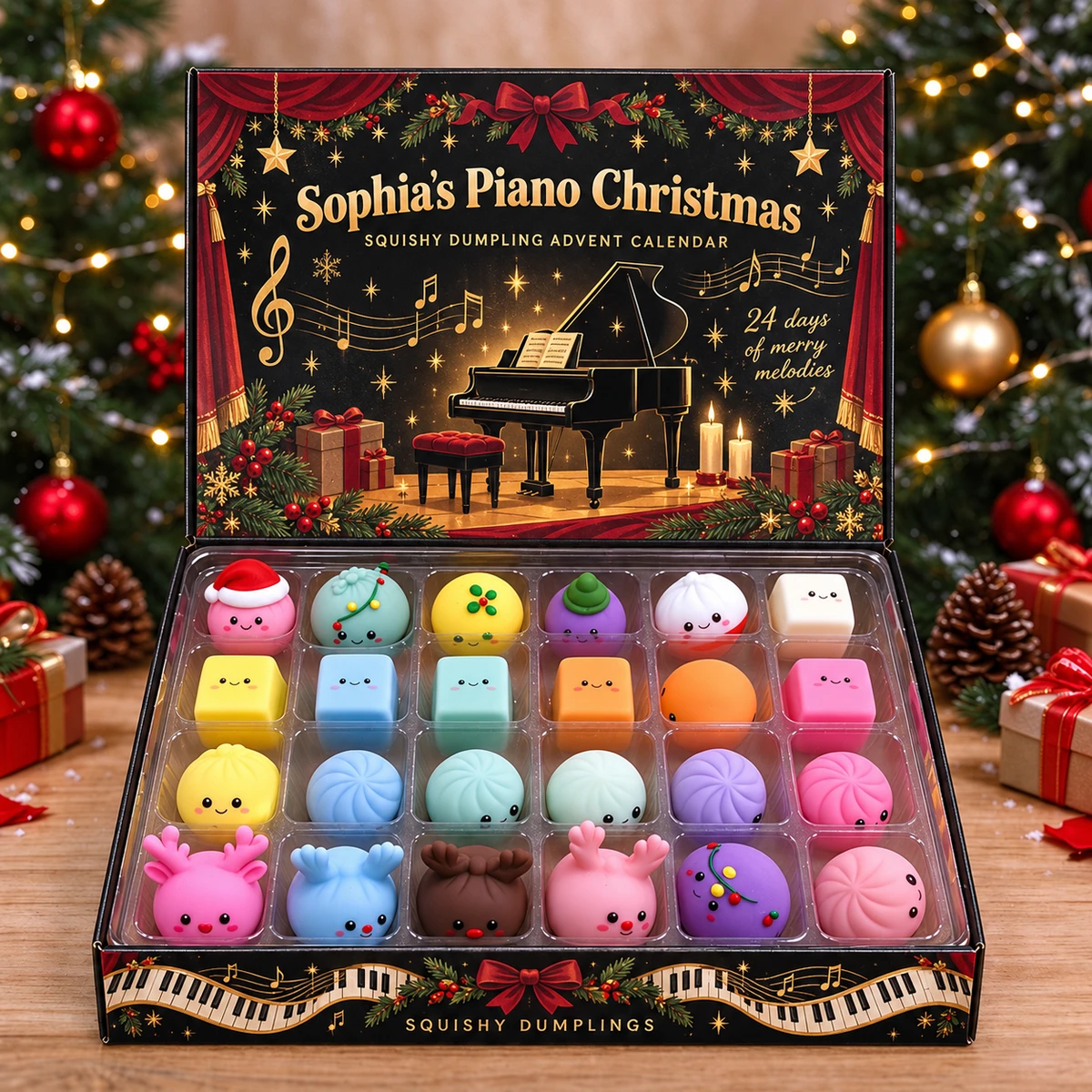 Personalized Dumpling Advent Calendar Custom Name – Piano Music Christmas Theme, 24 Days Squishy Mystery Fidget Toys Holiday Gift
