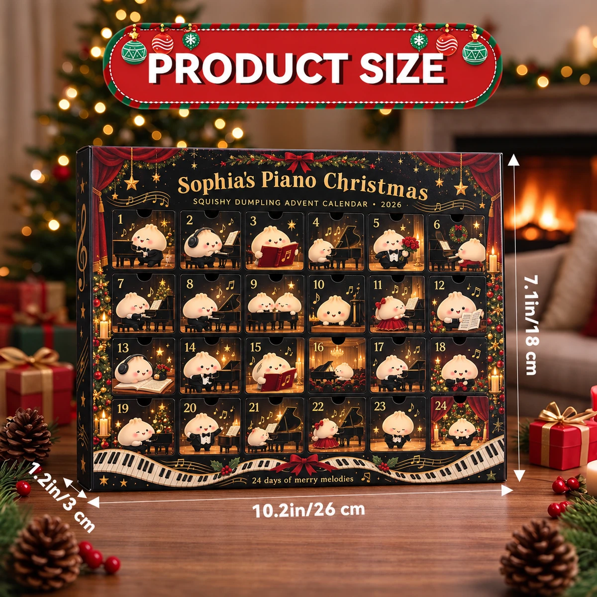 Personalized Dumpling Advent Calendar Custom Name – Piano Music Christmas Theme, 24 Days Squishy Mystery Fidget Toys Holiday Gift