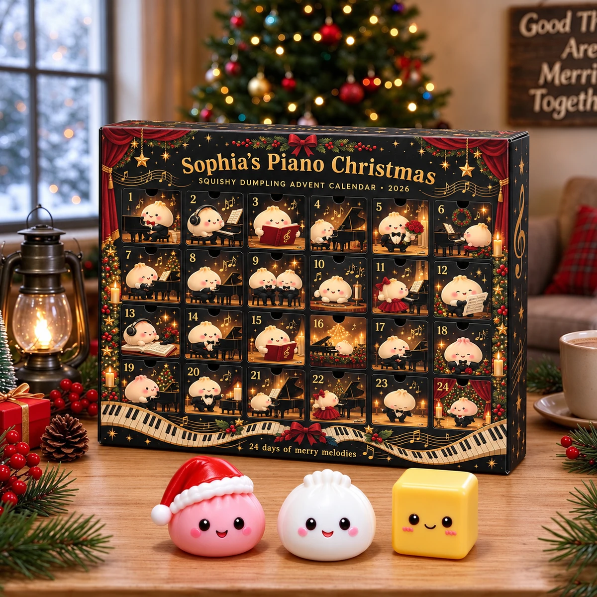 Personalized Dumpling Advent Calendar Custom Name – Piano Music Christmas Theme, 24 Days Squishy Mystery Fidget Toys Holiday Gift