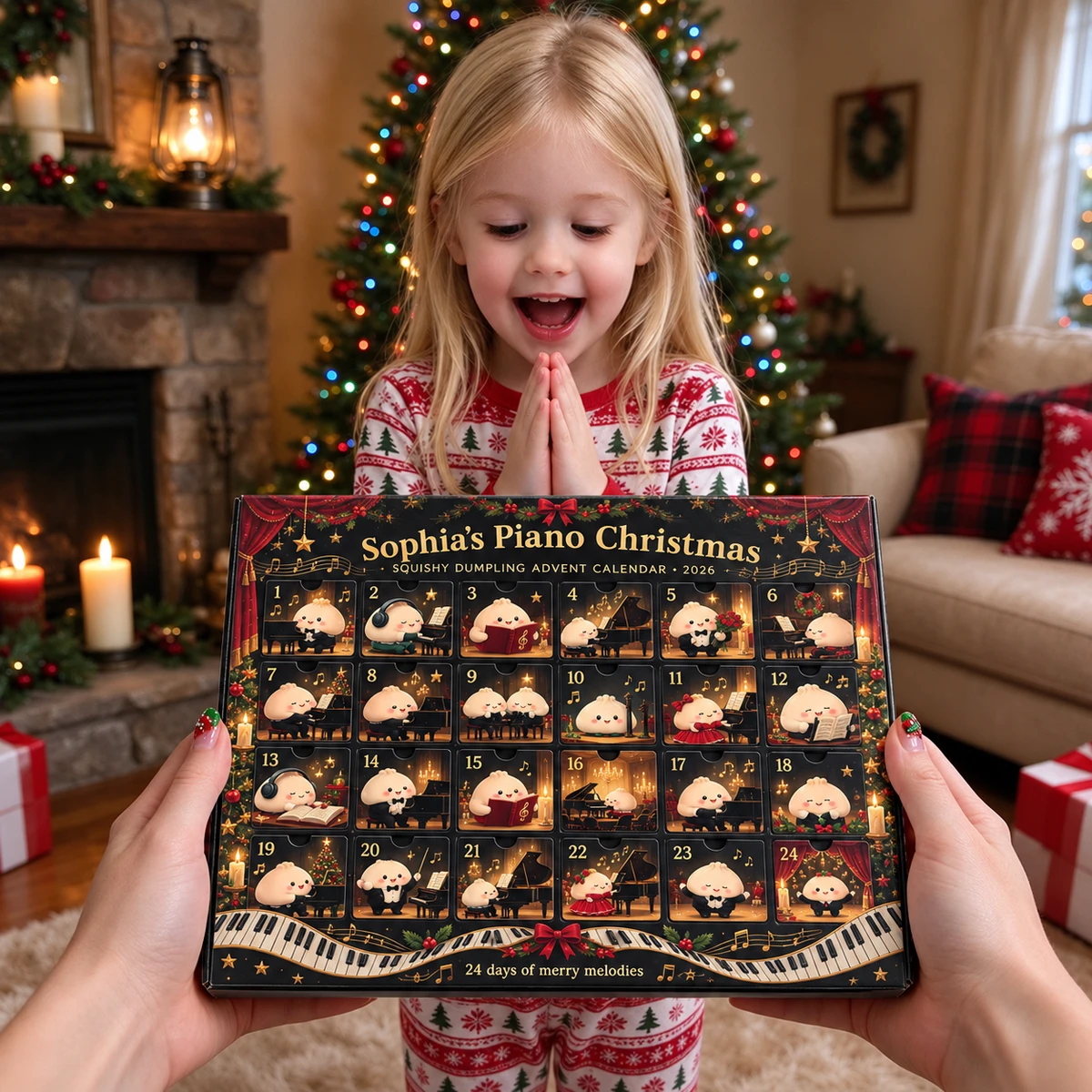 Personalized Dumpling Advent Calendar Custom Name – Piano Music Christmas Theme, 24 Days Squishy Mystery Fidget Toys Holiday Gift