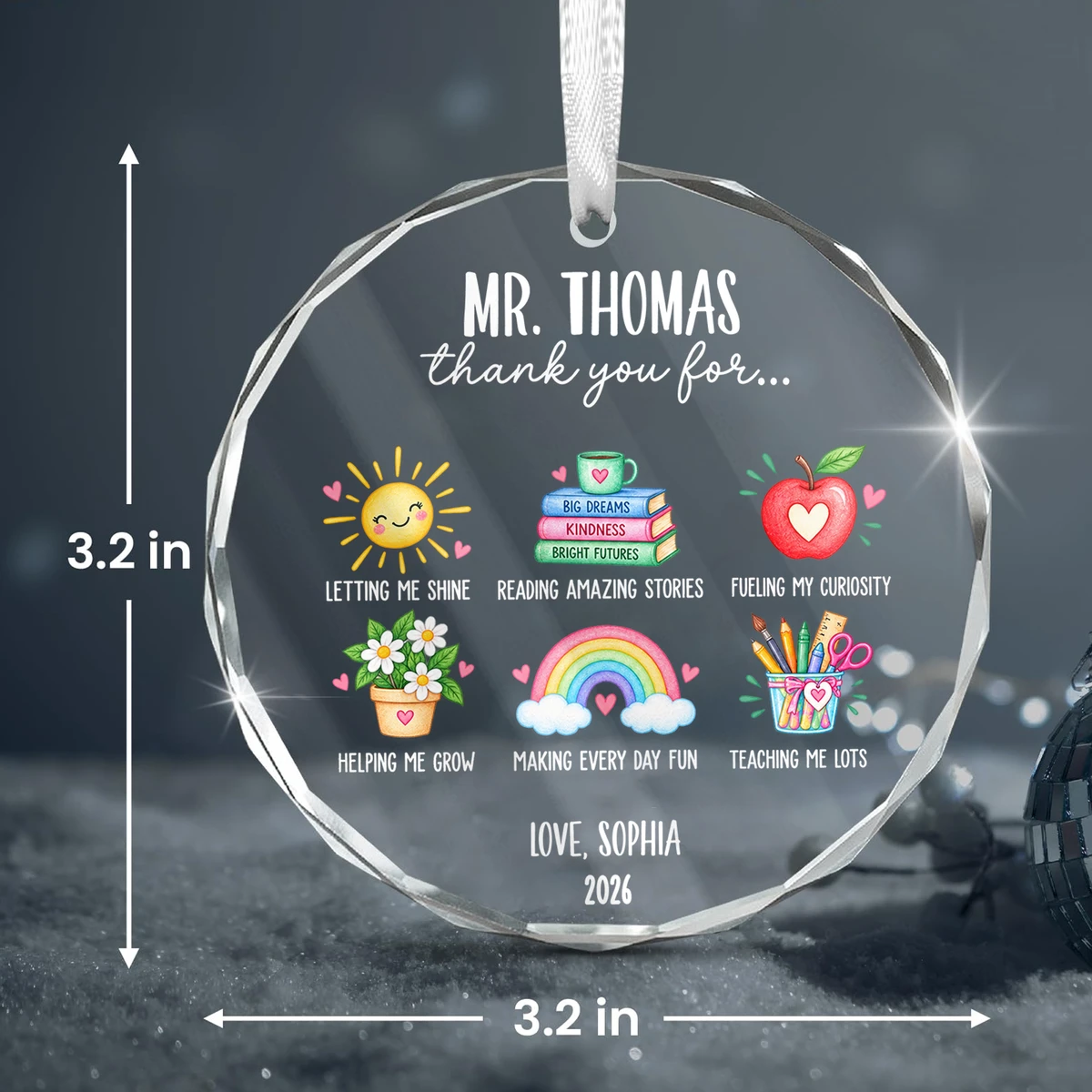Personalized Teacher Christmas Ornament Custom Name & Year, Round Glass Keepsake, Thank You Teacher Holiday Decor, Meaningful Gift from Student