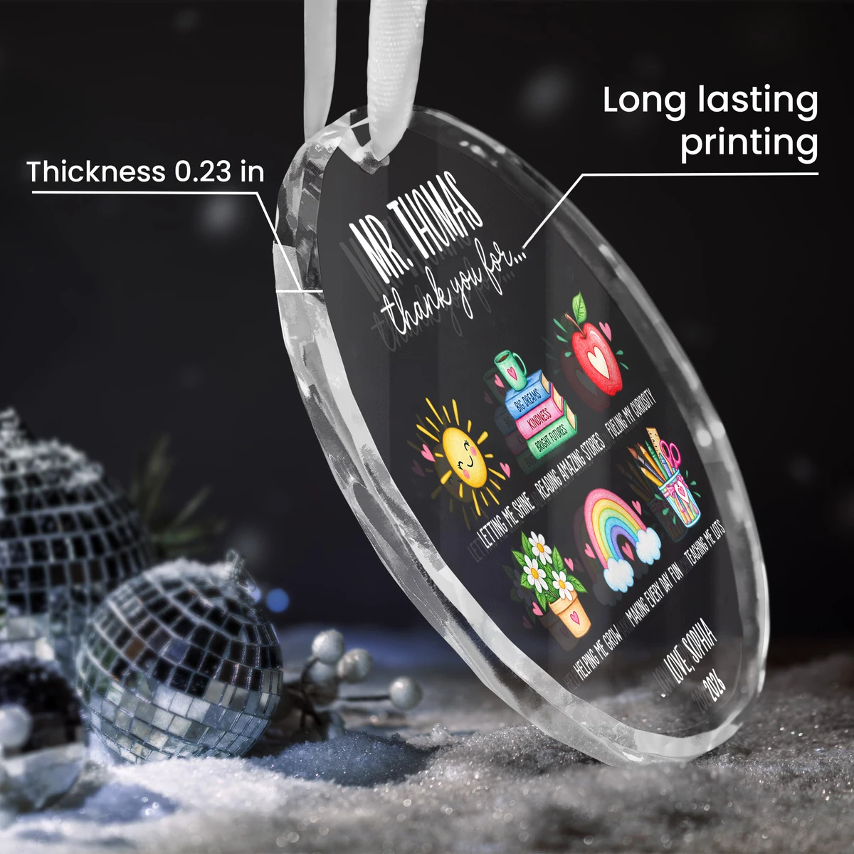 Personalized Teacher Christmas Ornament Custom Name & Year, Round Glass Keepsake, Thank You Teacher Holiday Decor, Meaningful Gift from Student