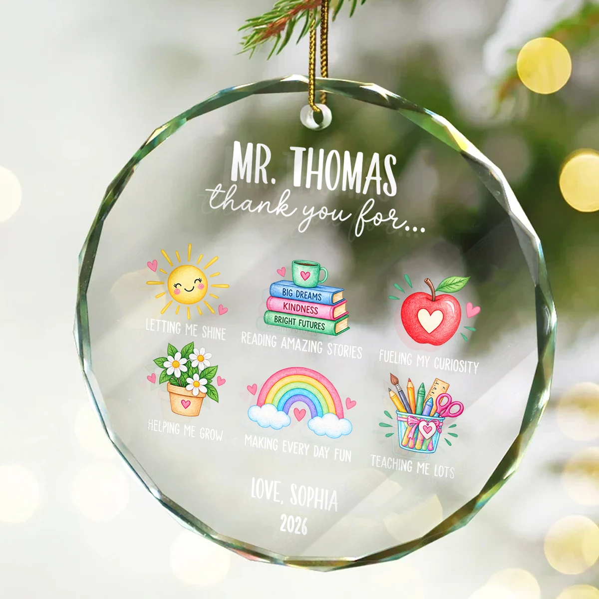 Personalized Teacher Christmas Ornament Custom Name & Year, Round Glass Keepsake, Thank You Teacher Holiday Decor, Meaningful Gift from Student