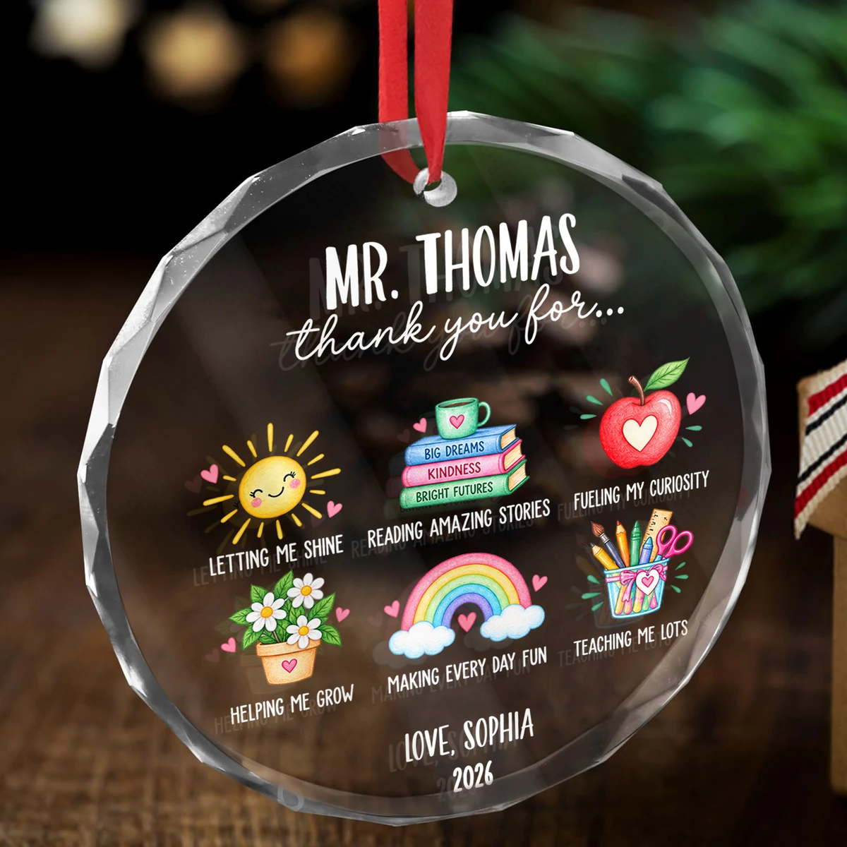 Personalized Teacher Christmas Ornament Custom Name & Year, Round Glass Keepsake, Thank You Teacher Holiday Decor, Meaningful Gift from Student