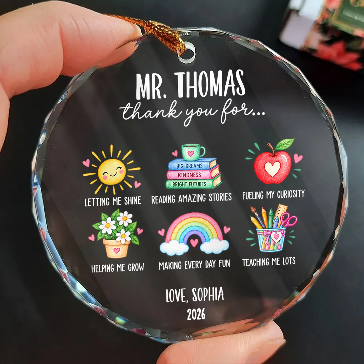 Personalized Teacher Christmas Ornament Custom Name & Year, Round Glass Keepsake, Thank You Teacher Holiday Decor, Meaningful Gift from Student