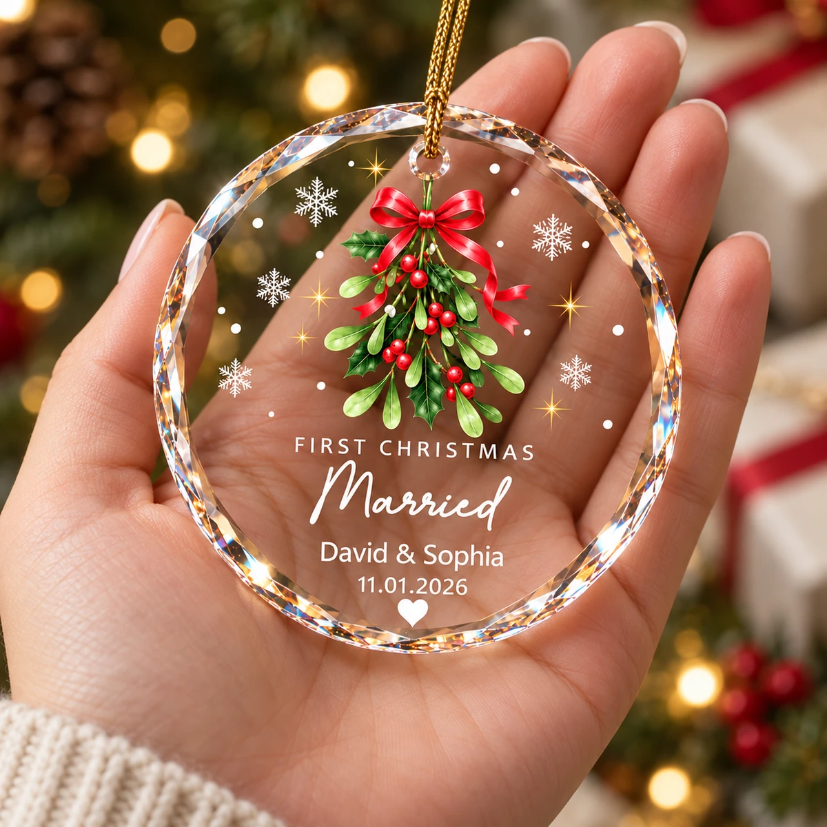 Personalized Round Christmas Ornament Custom Couple Names – First Christmas Married Keepsake, Romantic Holiday Tree Decor Gift