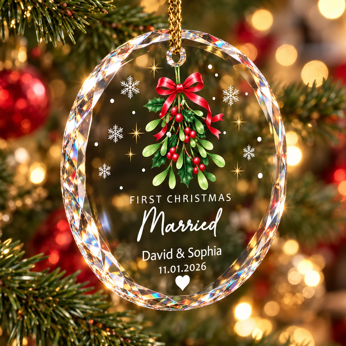 Personalized Round Christmas Ornament Custom Couple Names – First Christmas Married Keepsake, Romantic Holiday Tree Decor Gift