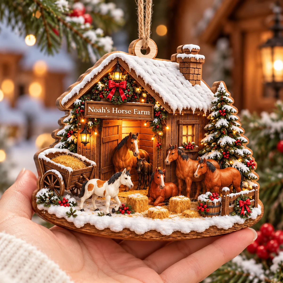 Personalized Shaped Wooden Christmas Ornament Custom Name – Horse Farm Holiday Keepsake, Rustic Christmas Tree Decor Gift