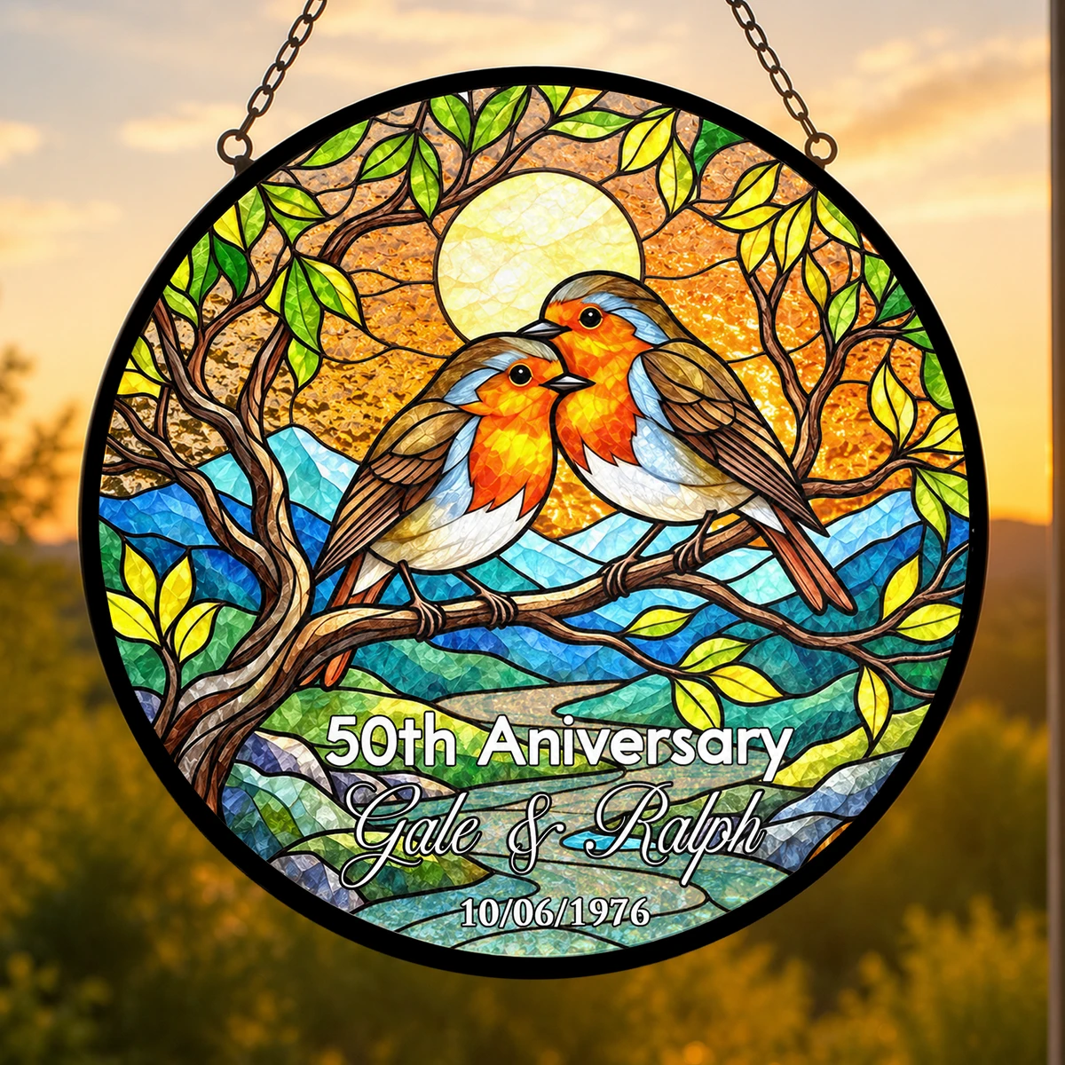 Personalized 50th Wedding Anniversary Stained Glass Suncatcher – Custom Names, Date & Anniversary Year Love Birds Window Hanging Ornament, Golden Anniversary Gift for Couples