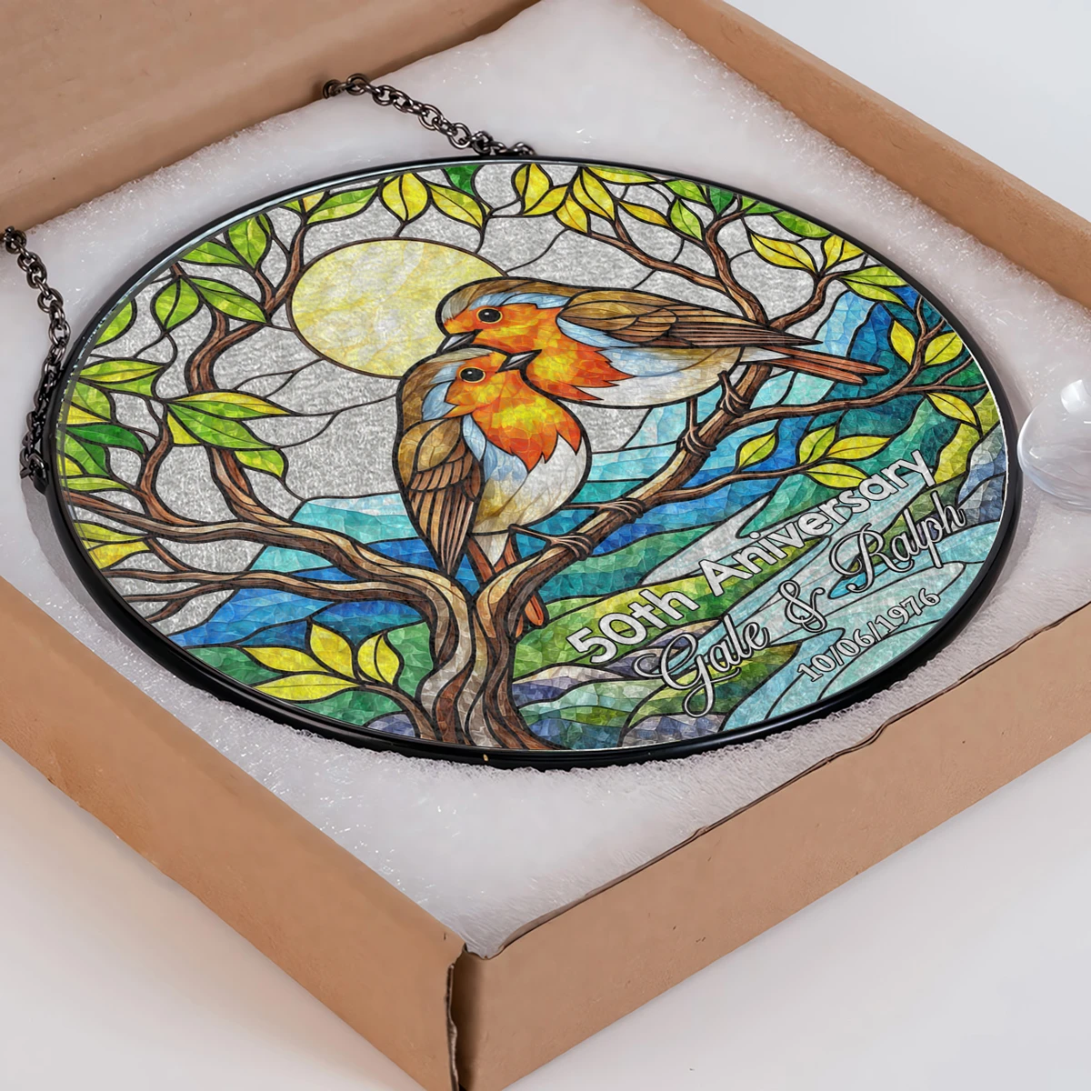 Personalized 50th Wedding Anniversary Stained Glass Suncatcher – Custom Names, Date & Anniversary Year Love Birds Window Hanging Ornament, Golden Anniversary Gift for Couples