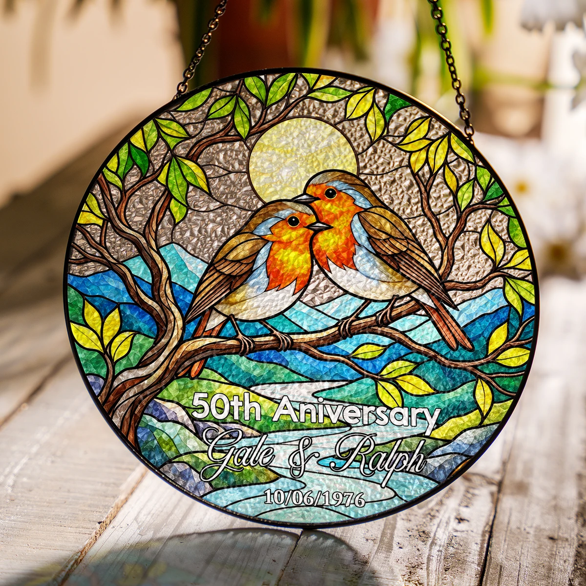 Personalized 50th Wedding Anniversary Stained Glass Suncatcher – Custom Names, Date & Anniversary Year Love Birds Window Hanging Ornament, Golden Anniversary Gift for Couples
