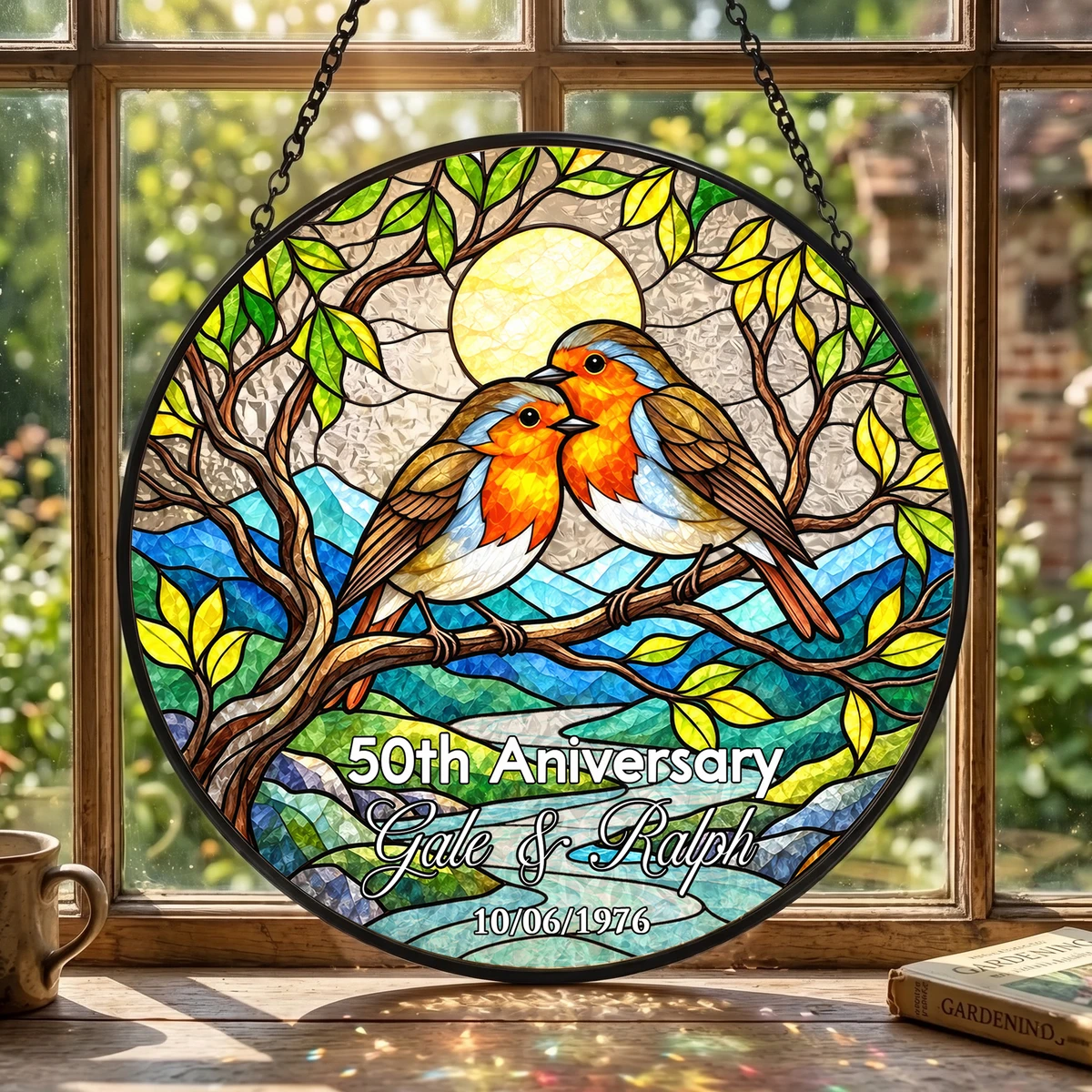 Personalized 50th Wedding Anniversary Stained Glass Suncatcher – Custom Names, Date & Anniversary Year Love Birds Window Hanging Ornament, Golden Anniversary Gift for Couples