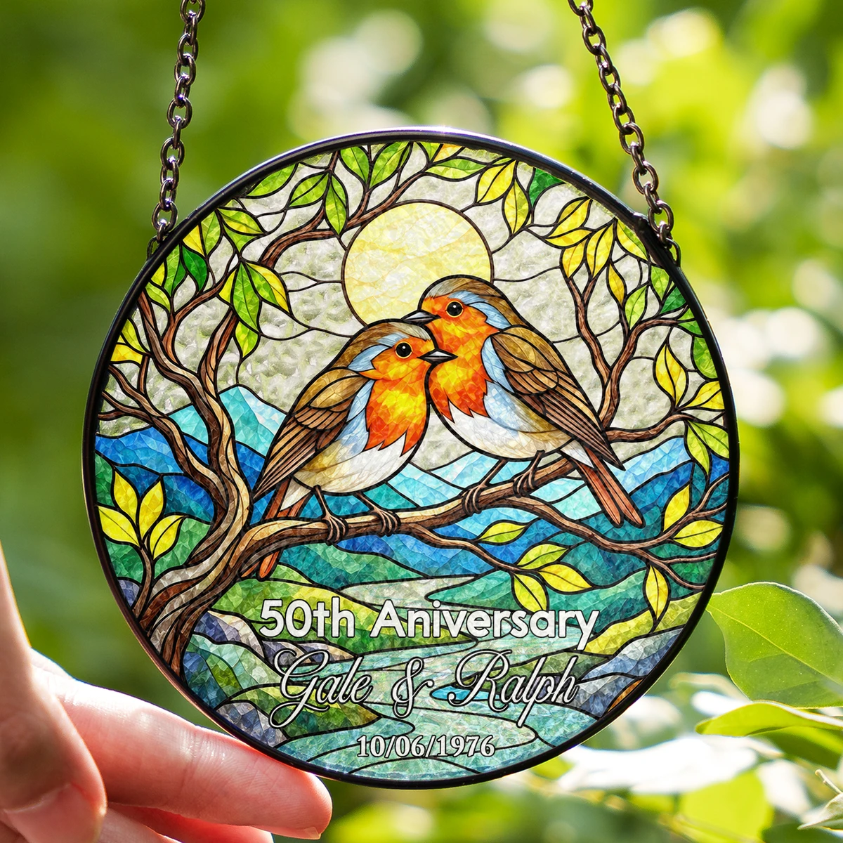 Personalized 50th Wedding Anniversary Stained Glass Suncatcher – Custom Names, Date & Anniversary Year Love Birds Window Hanging Ornament, Golden Anniversary Gift for Couples
