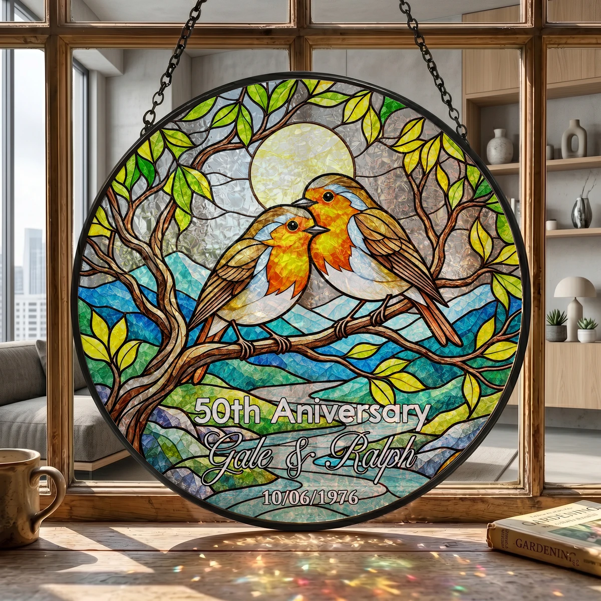 Personalized 50th Wedding Anniversary Stained Glass Suncatcher – Custom Names, Date & Anniversary Year Love Birds Window Hanging Ornament, Golden Anniversary Gift for Couples